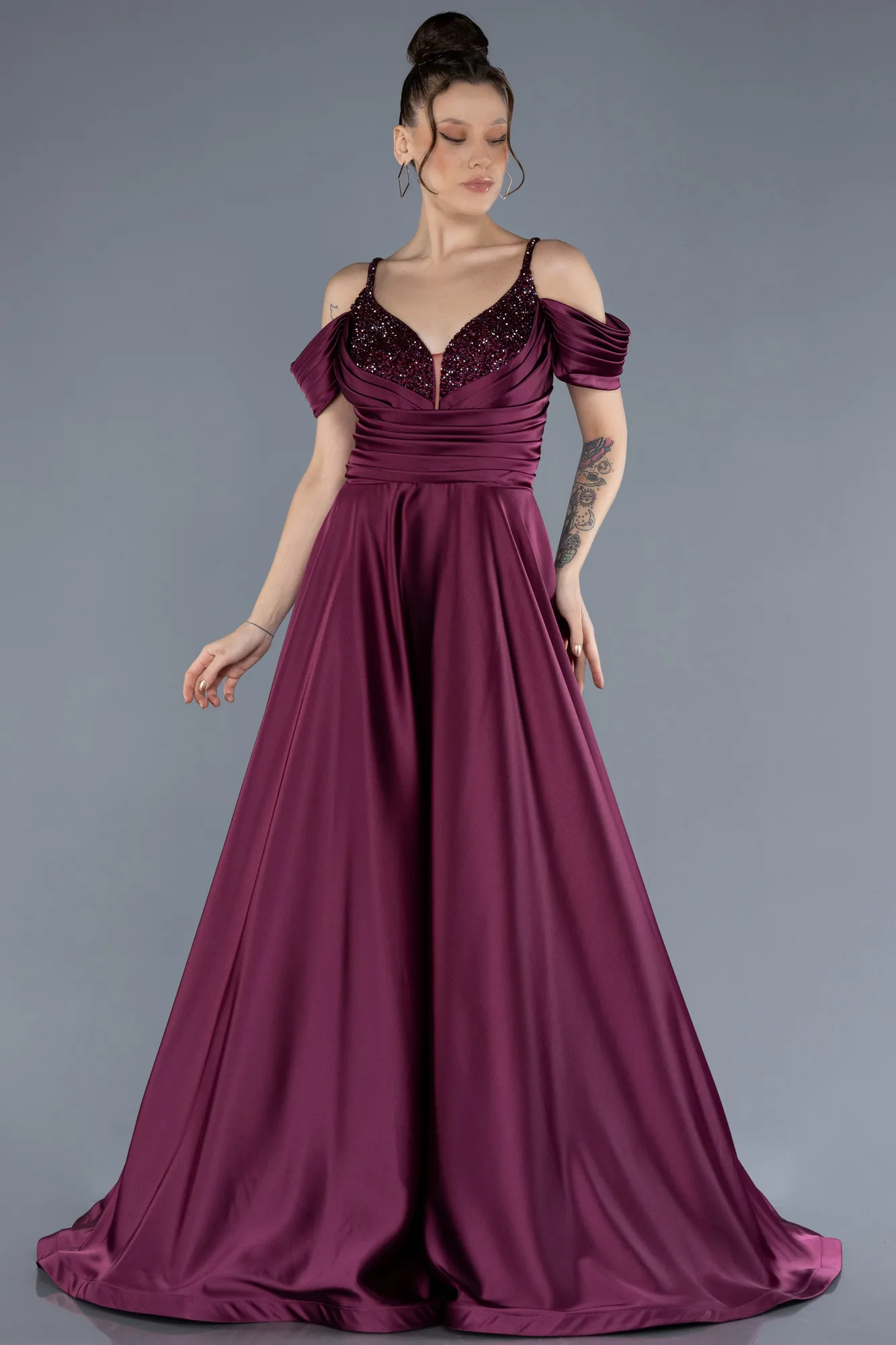 Plum-Long Satin Plus Size Engagement Dress ABU4539