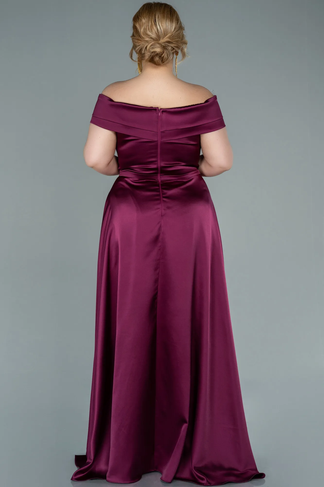 Plum-Long Satin Plus Size Evening Dress ABU2355