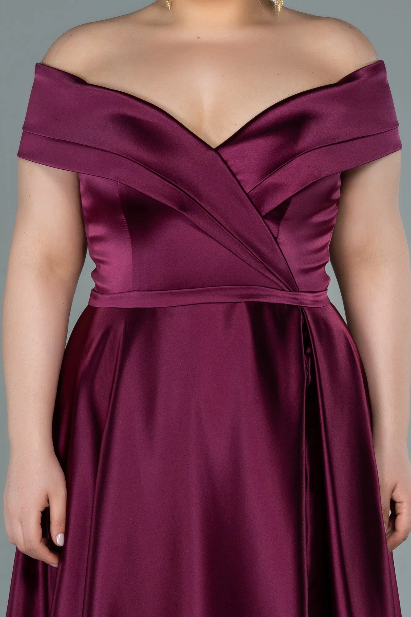 Plum-Long Satin Plus Size Evening Dress ABU2355