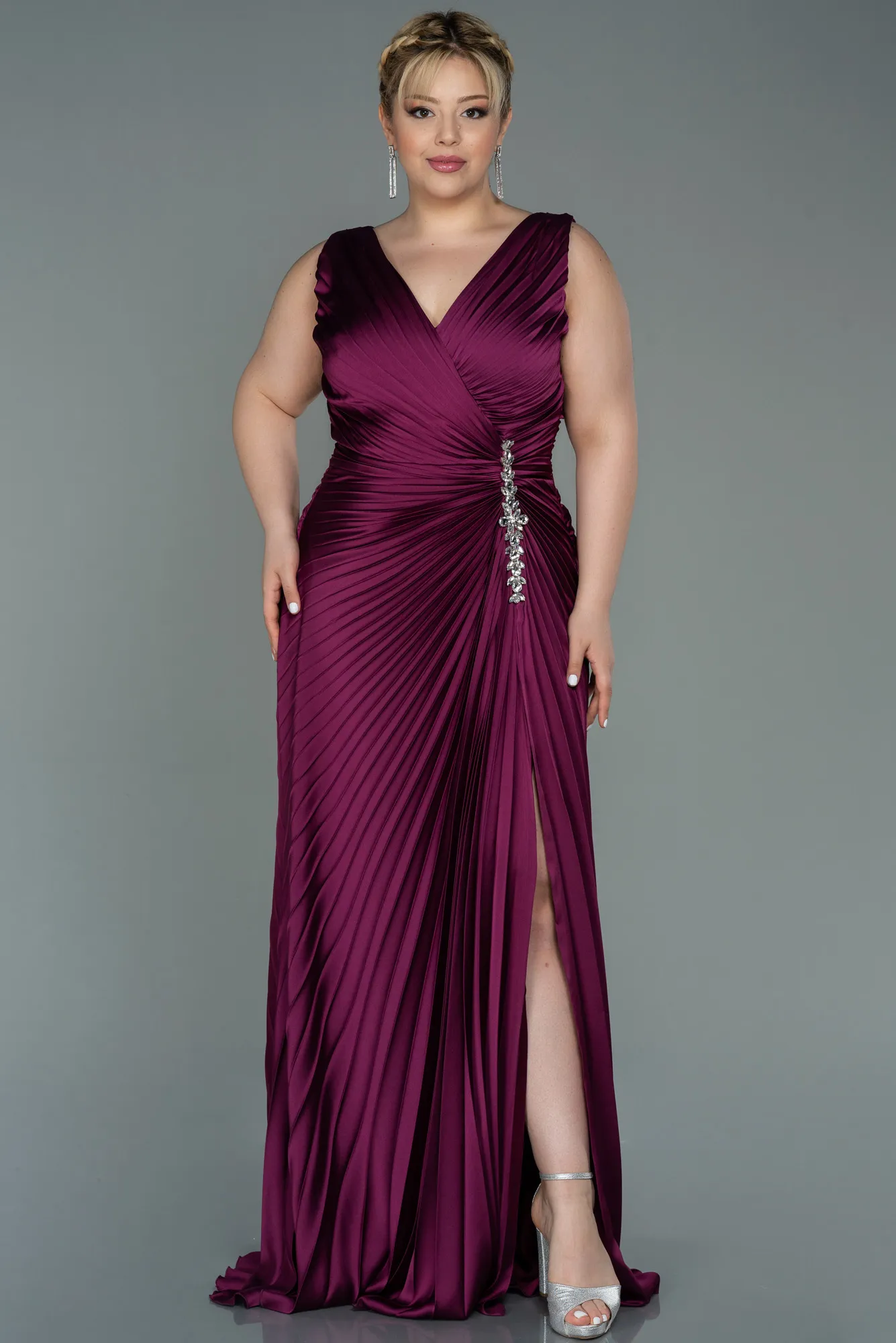 Plum-Long Satin Plus Size Evening Dress ABU3076