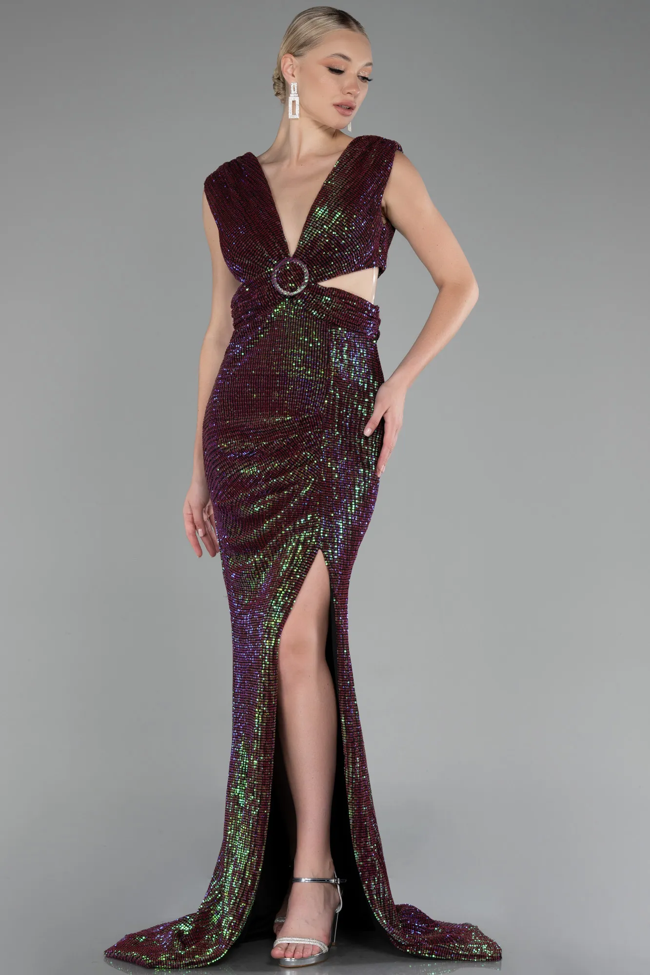 Plum-Long Scaly Mermaid Evening Dress ABU3163