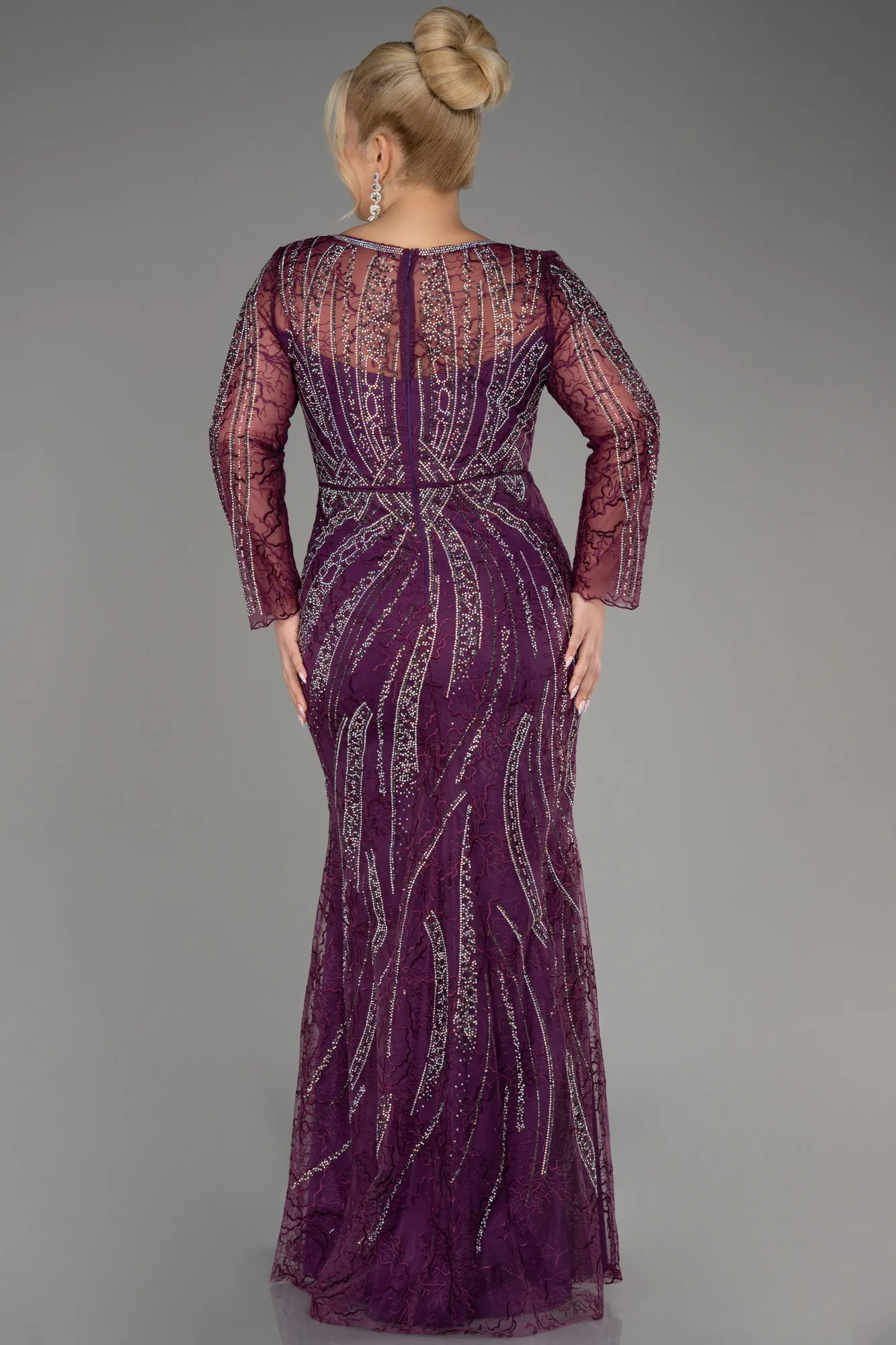 Plum-Long Sleeve Stone Guipure Plus Size Evening Gown ABU4052