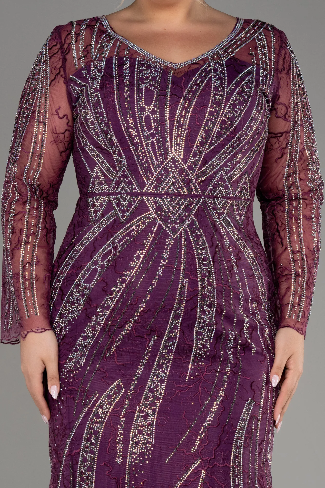 Plum-Long Sleeve Stone Guipure Plus Size Evening Gown ABU4052