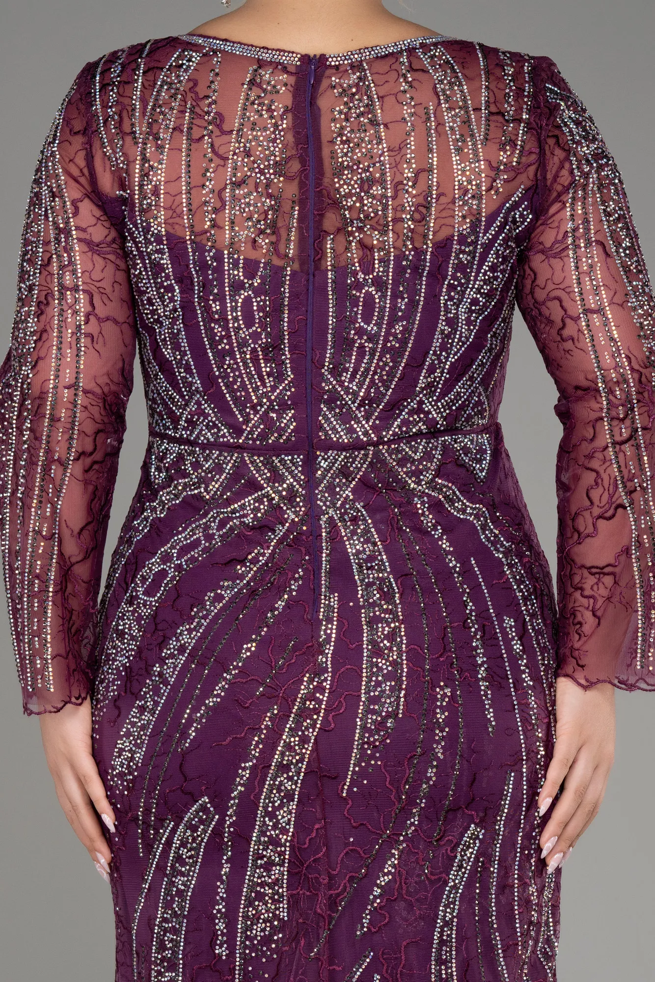 Plum-Long Sleeve Stone Guipure Plus Size Evening Gown ABU4052