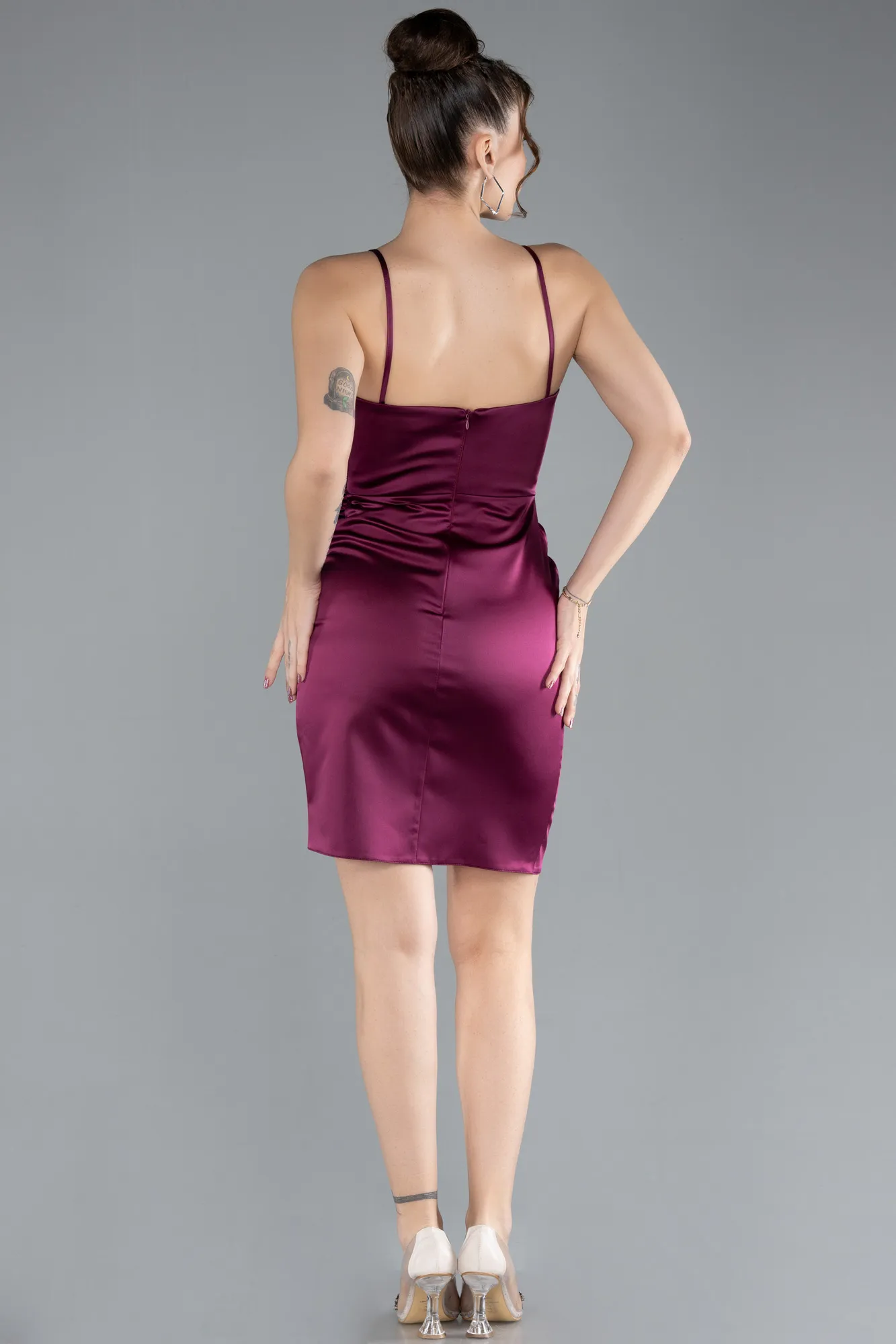 Plum-Mini Satin Cocktail Dress ABK2174