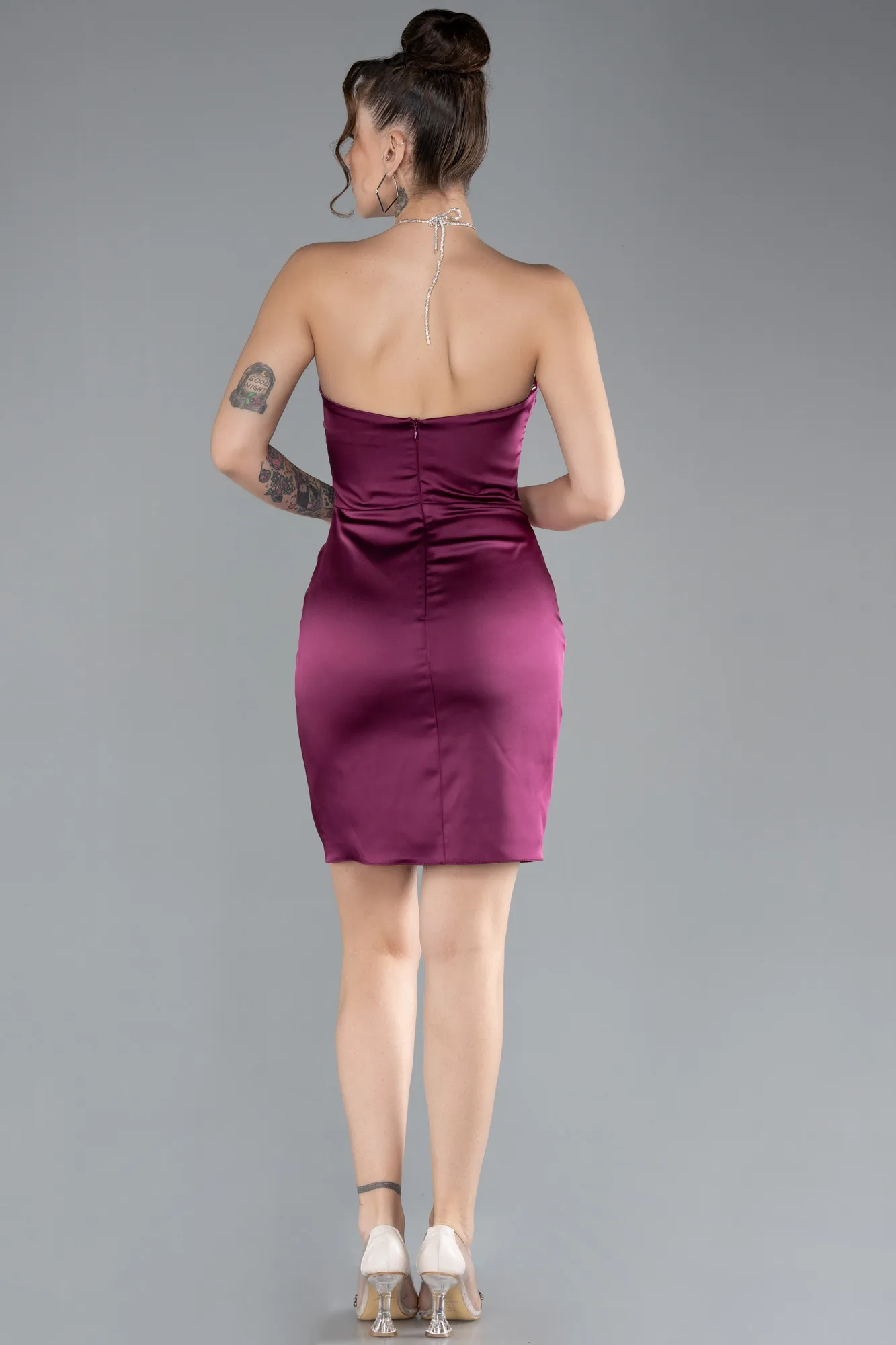 Plum-Mini Satin Cocktail Dress ABK2175