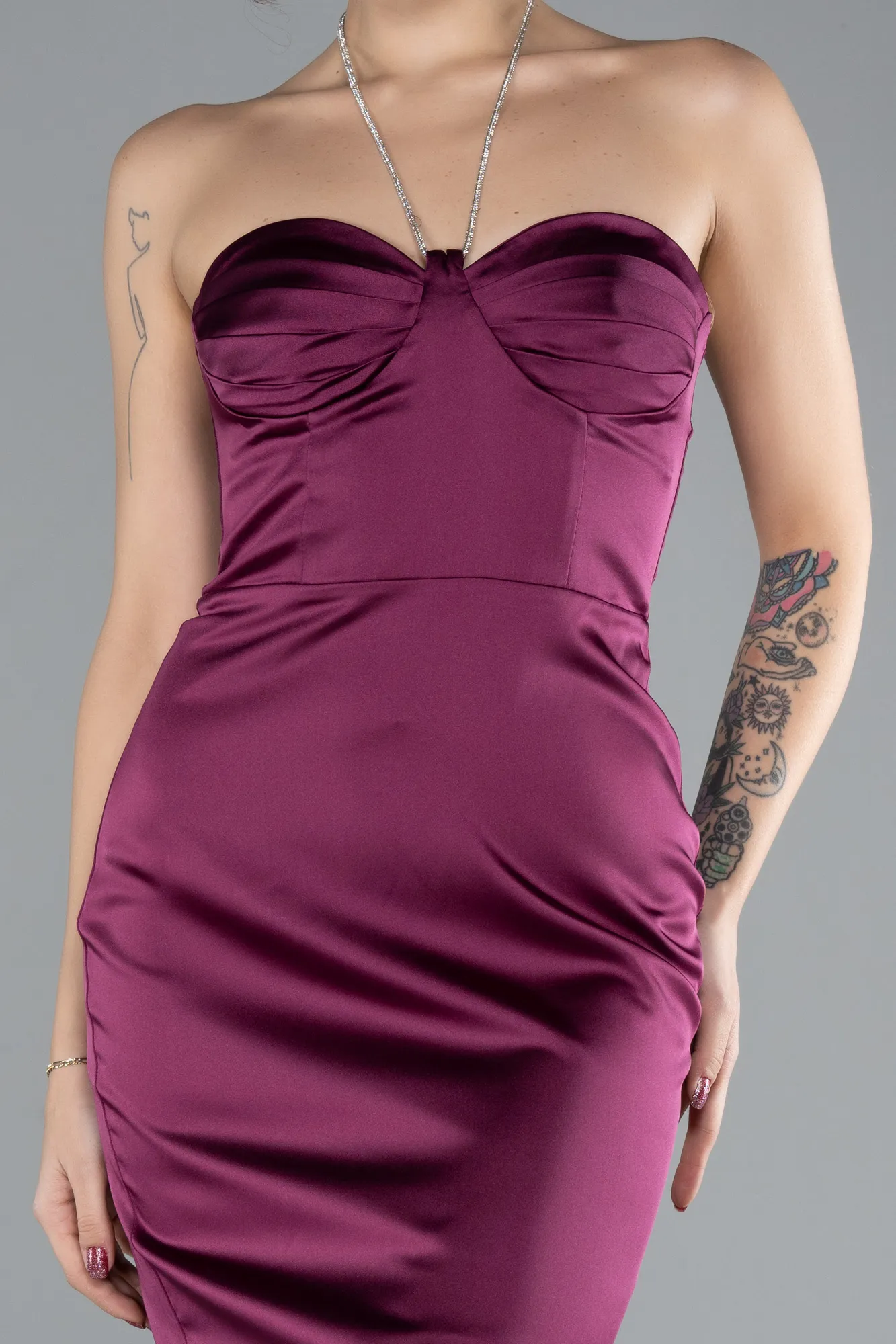 Plum-Mini Satin Cocktail Dress ABK2175