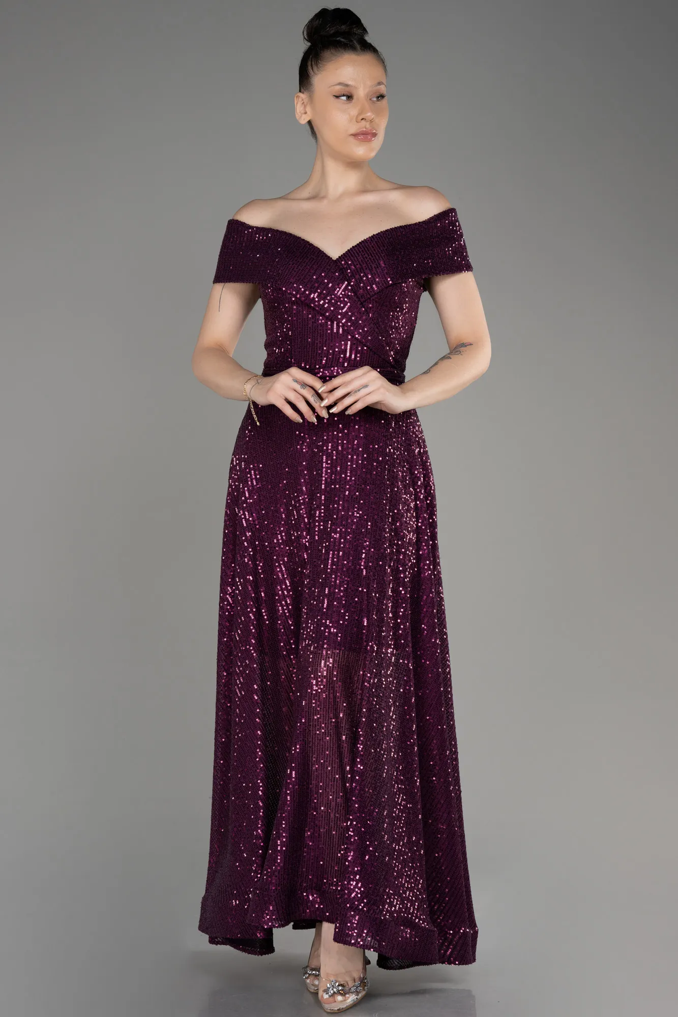 Plum-Off The Soulder Scaly Midi Evening Dress ABK2048