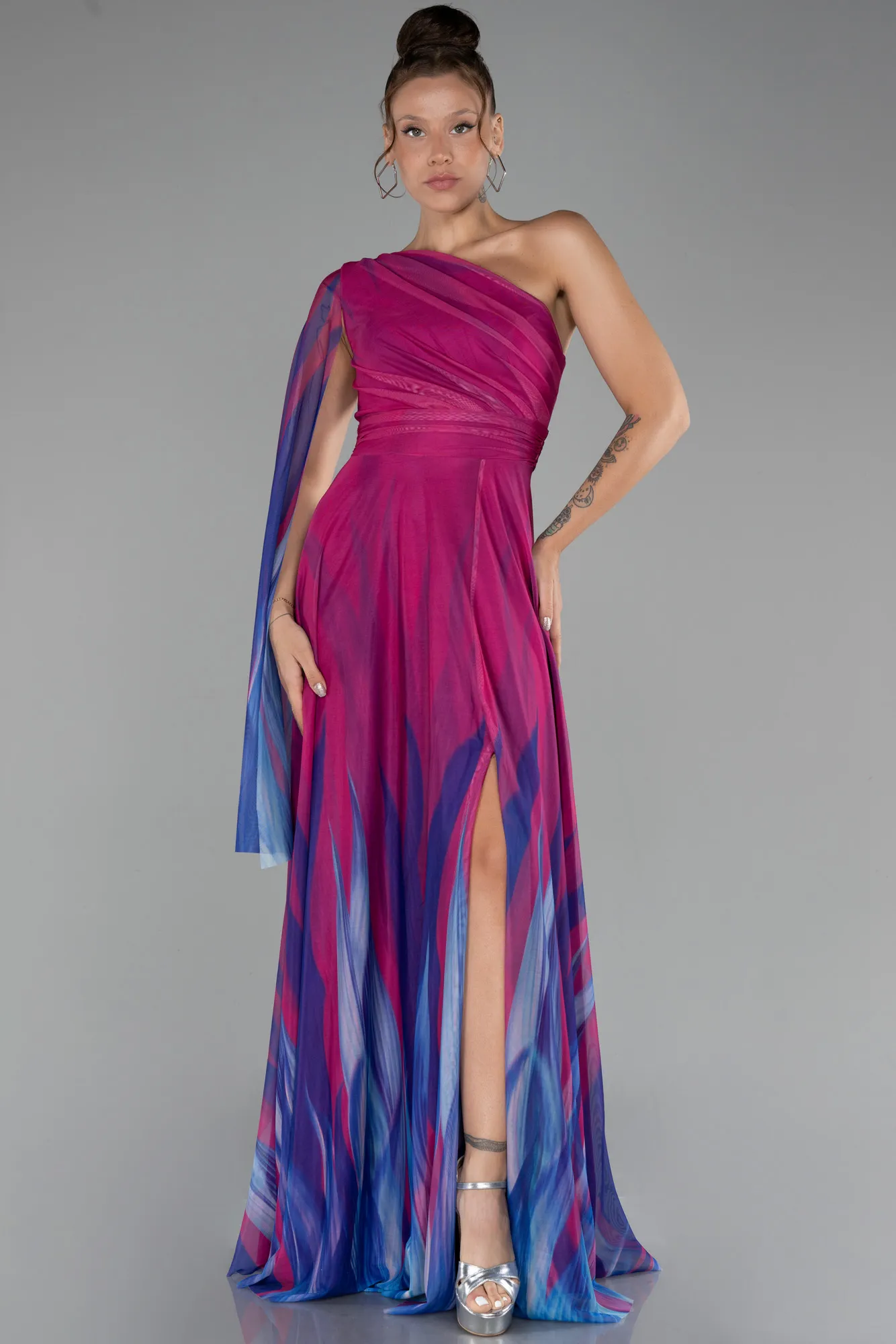 Plum-One Shoulder Patterned Long Prom Dress ABU4279