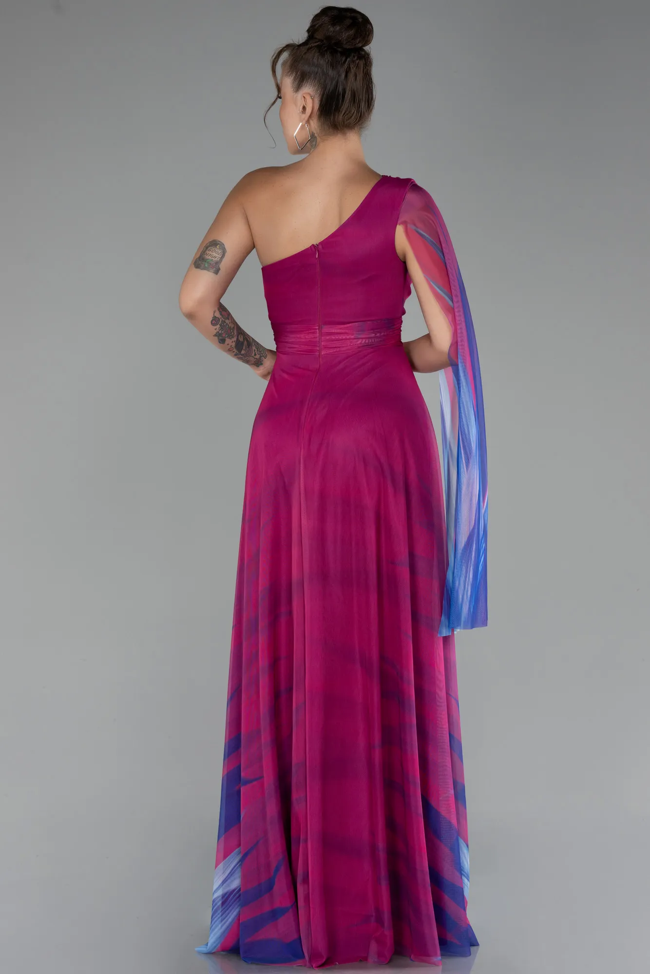 Plum-One Shoulder Patterned Long Prom Dress ABU4279