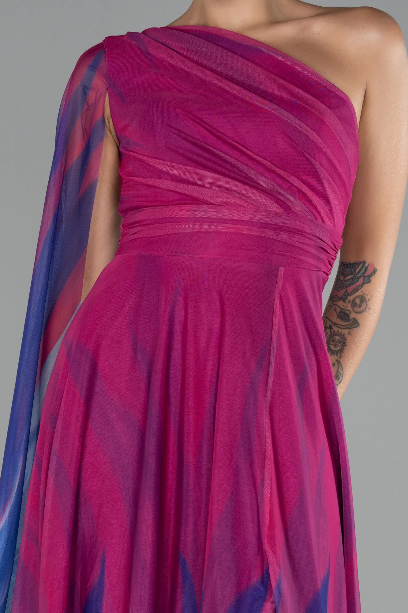 Plum-One Shoulder Patterned Long Prom Dress ABU4279