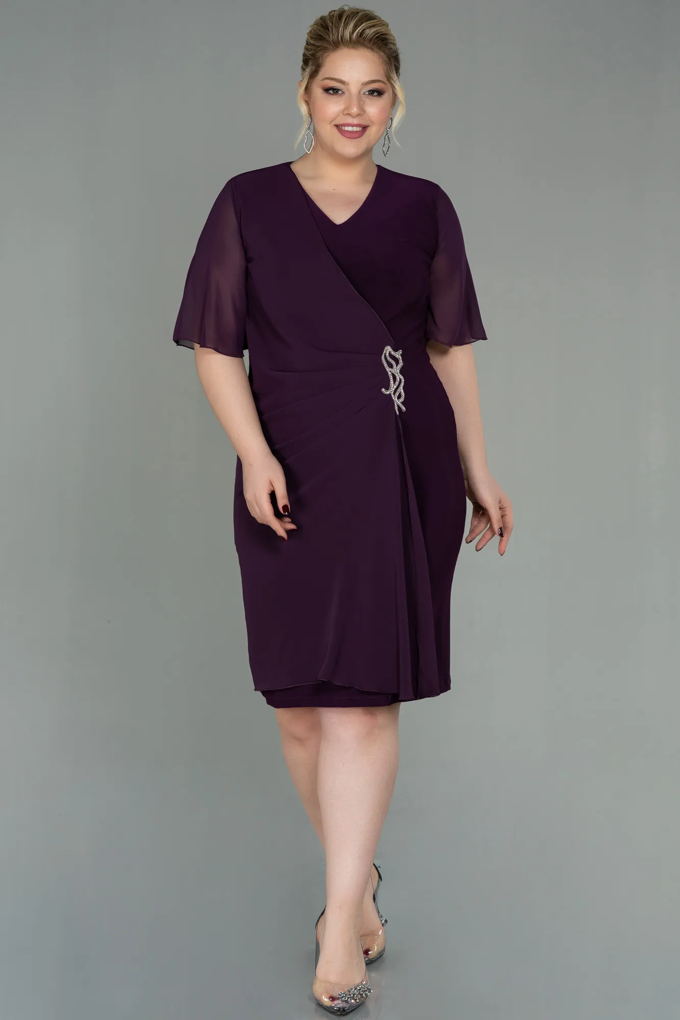 Plum-Short Chiffon Plus Size Evening Dress ABK1299