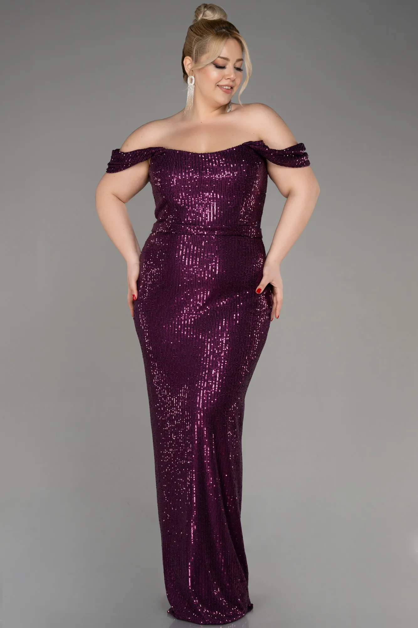 Plum-Shoulder Low Cut Long Sequin Plus Size Evening Dress ABU3919