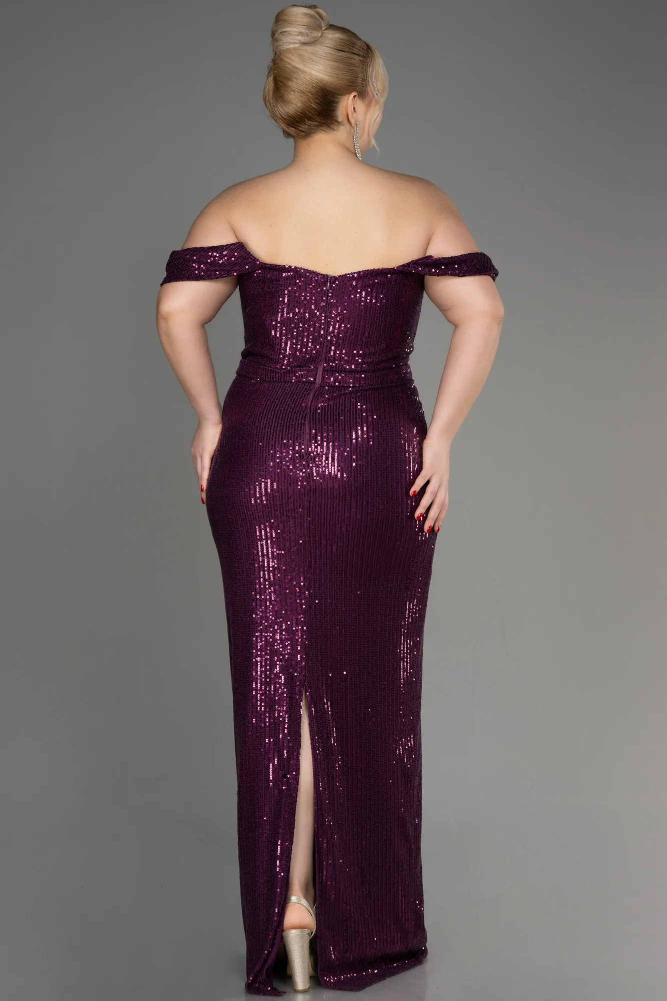 Plum-Shoulder Low Cut Long Sequin Plus Size Evening Dress ABU3919