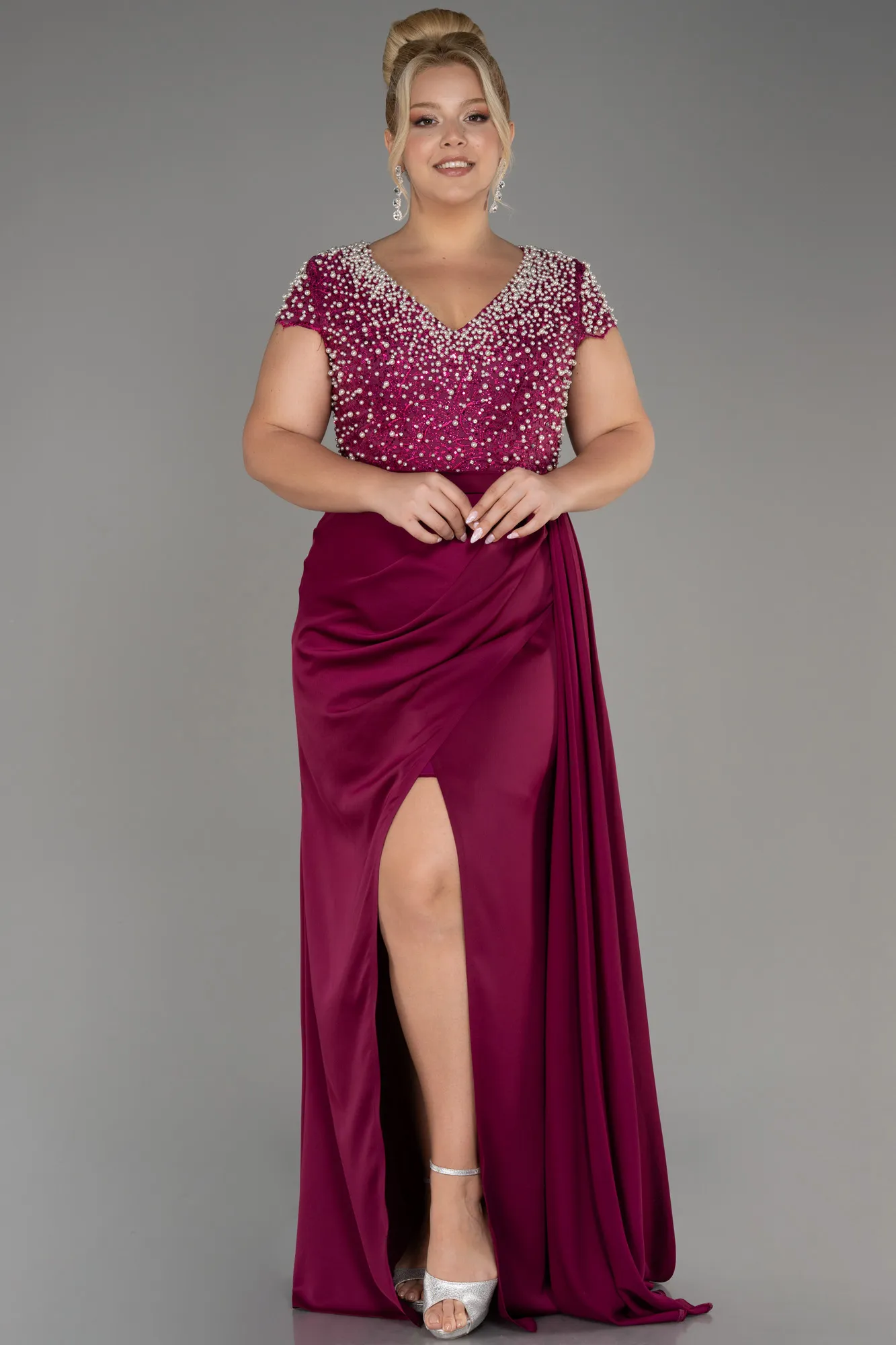 Plum-Slit Beaded Long Satin Plus Size Evening Gown ABU4053