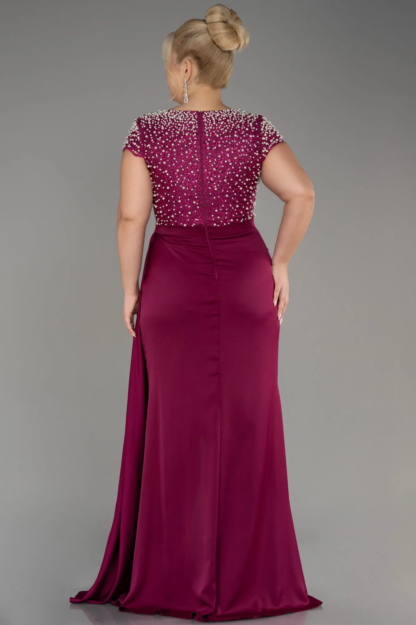 Plum-Slit Beaded Long Satin Plus Size Evening Gown ABU4053