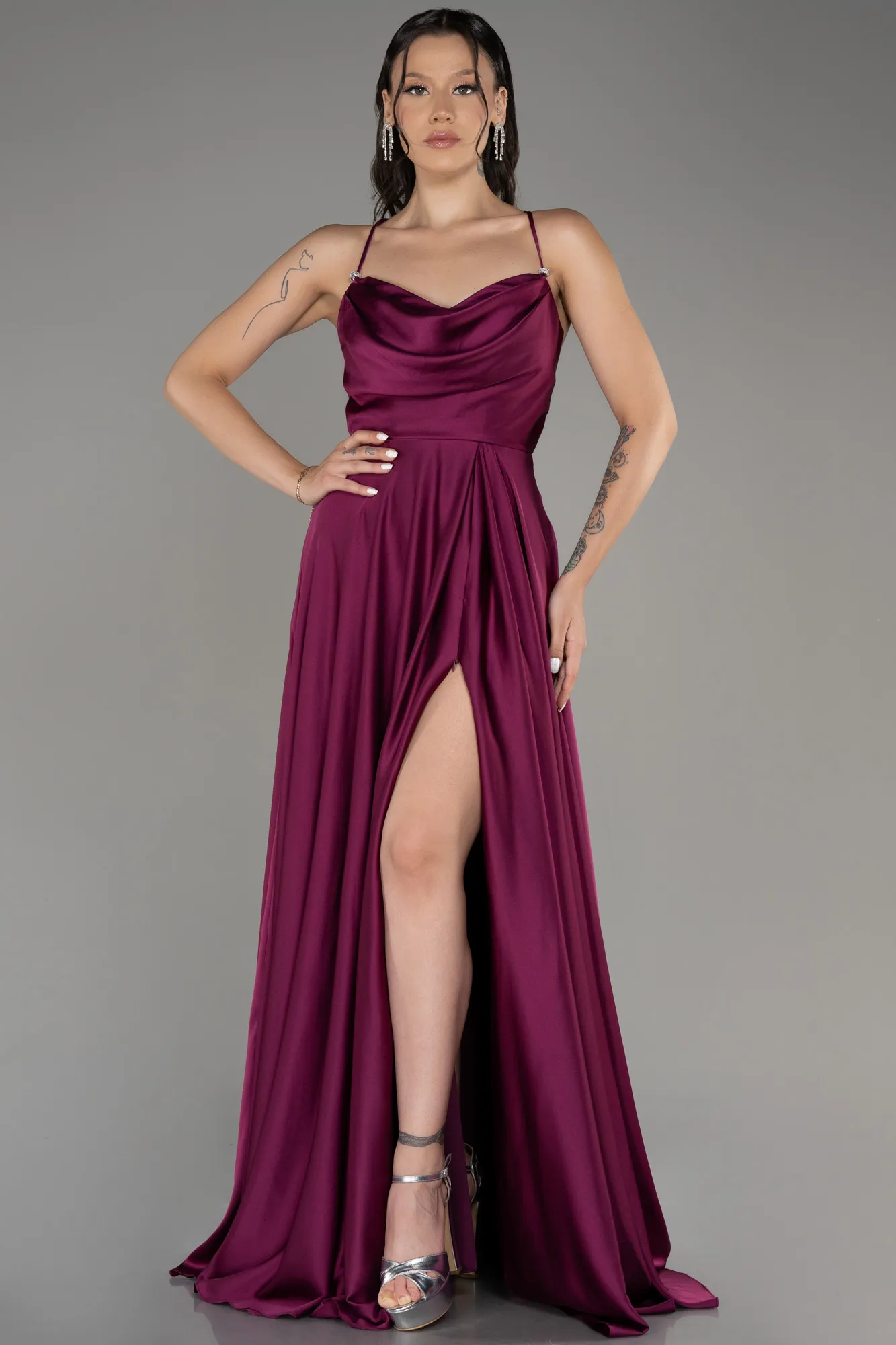 Plum-Slit Long Satin Prom Dress ABU4017