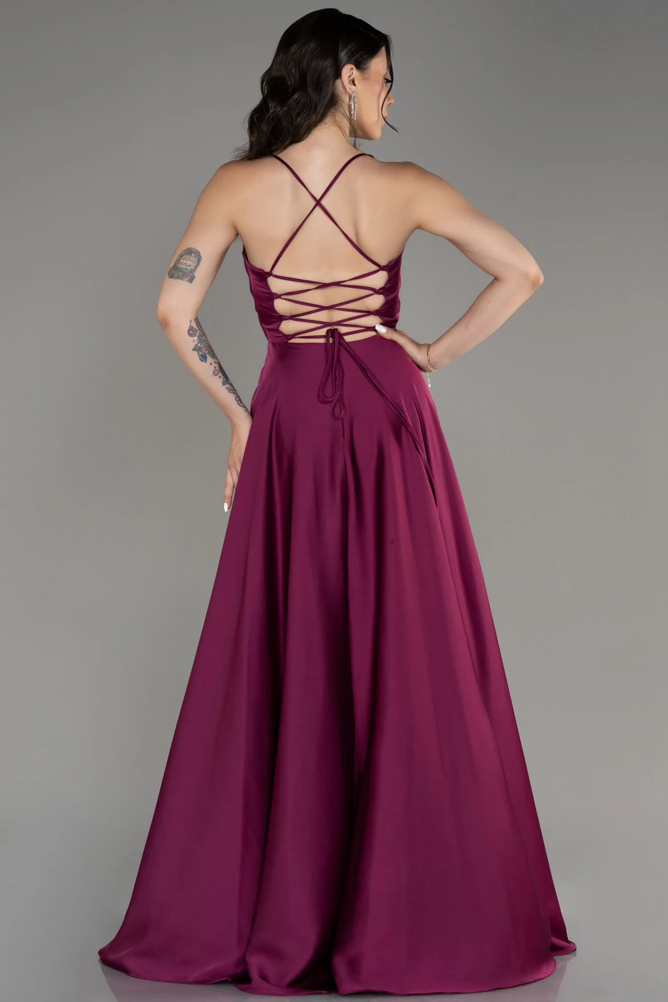 Plum-Slit Long Satin Prom Dress ABU4017