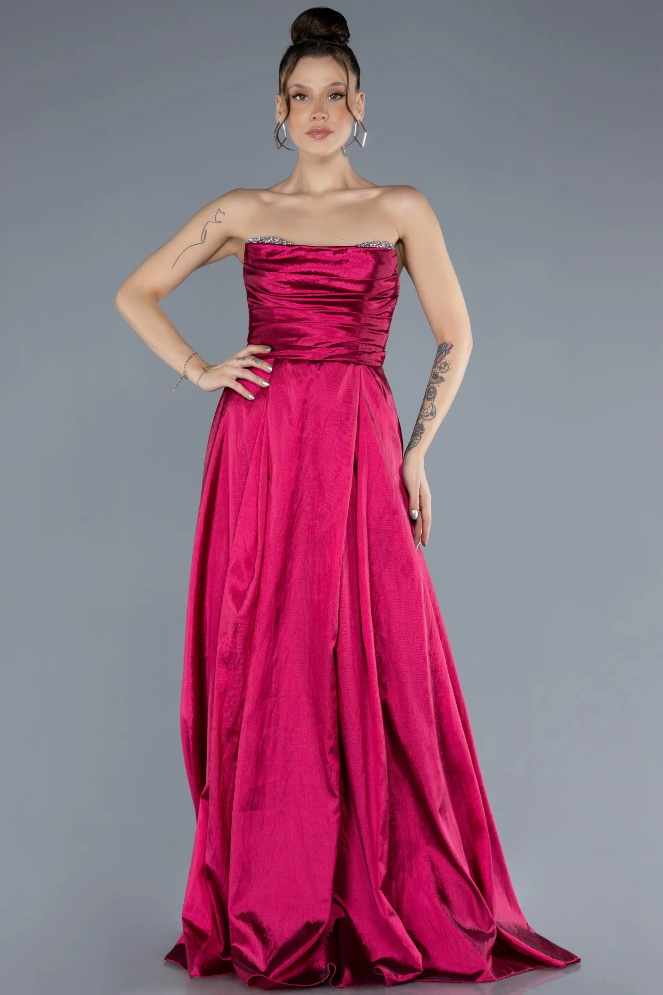 Plum-Stoned Strapless Long Taffeta Evening Gown ABU4579