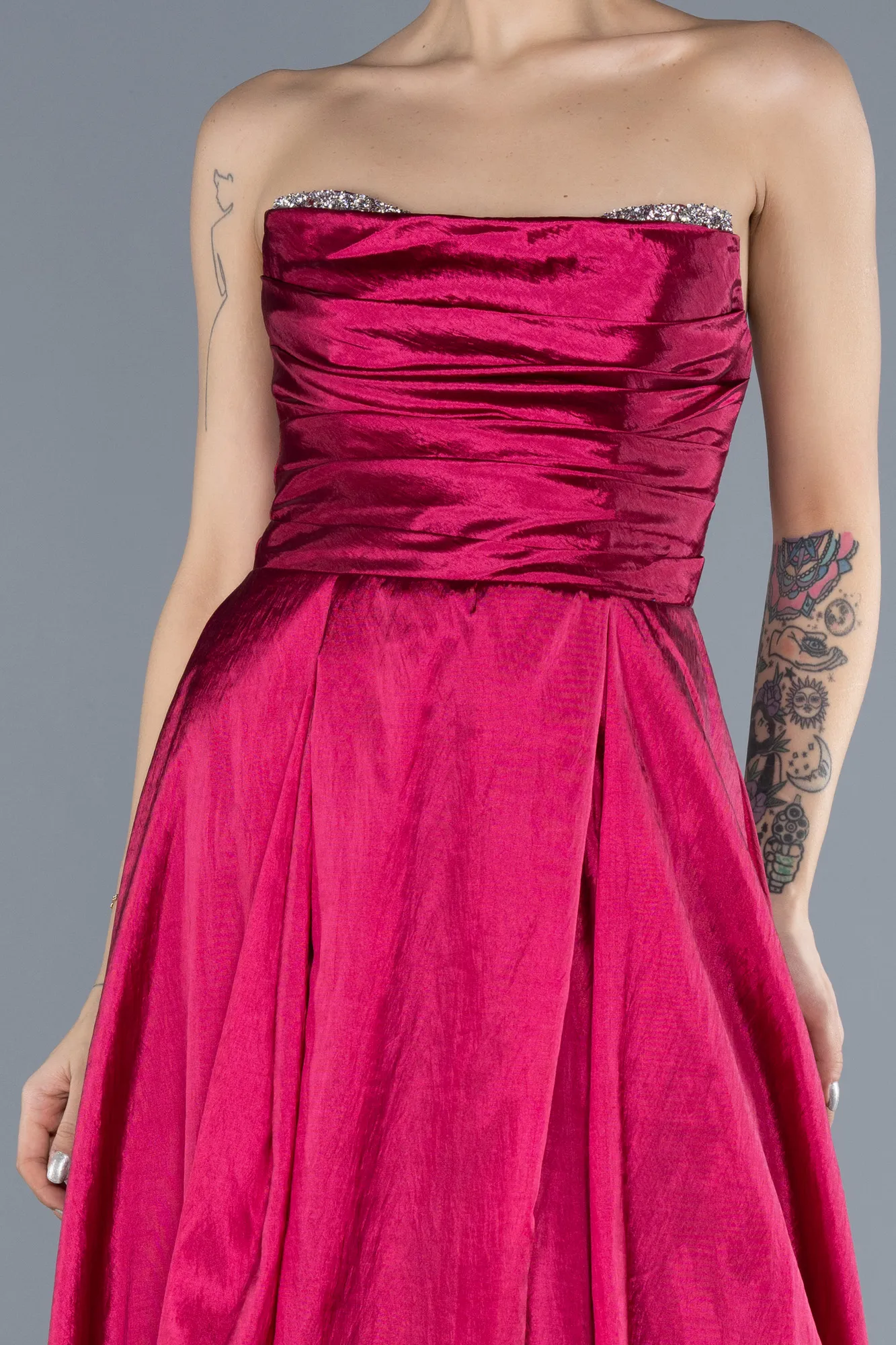 Plum-Stoned Strapless Long Taffeta Evening Gown ABU4579