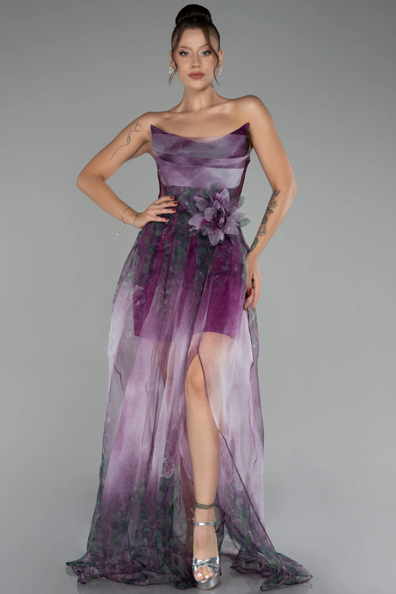 Plum-Strapless Slit Long Chiffon Patterned Prom Dress ABU4150