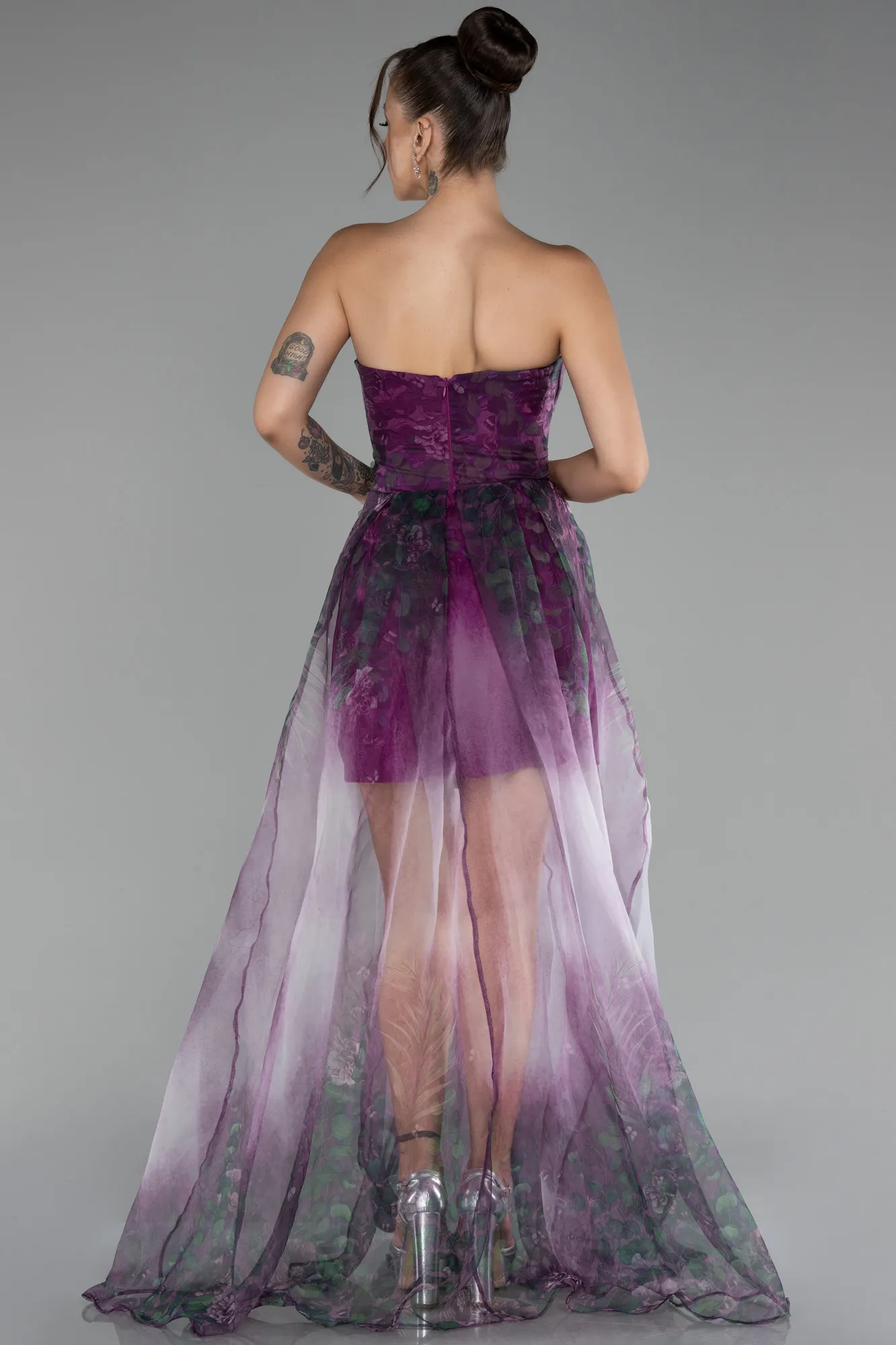 Plum-Strapless Slit Long Chiffon Patterned Prom Dress ABU4150