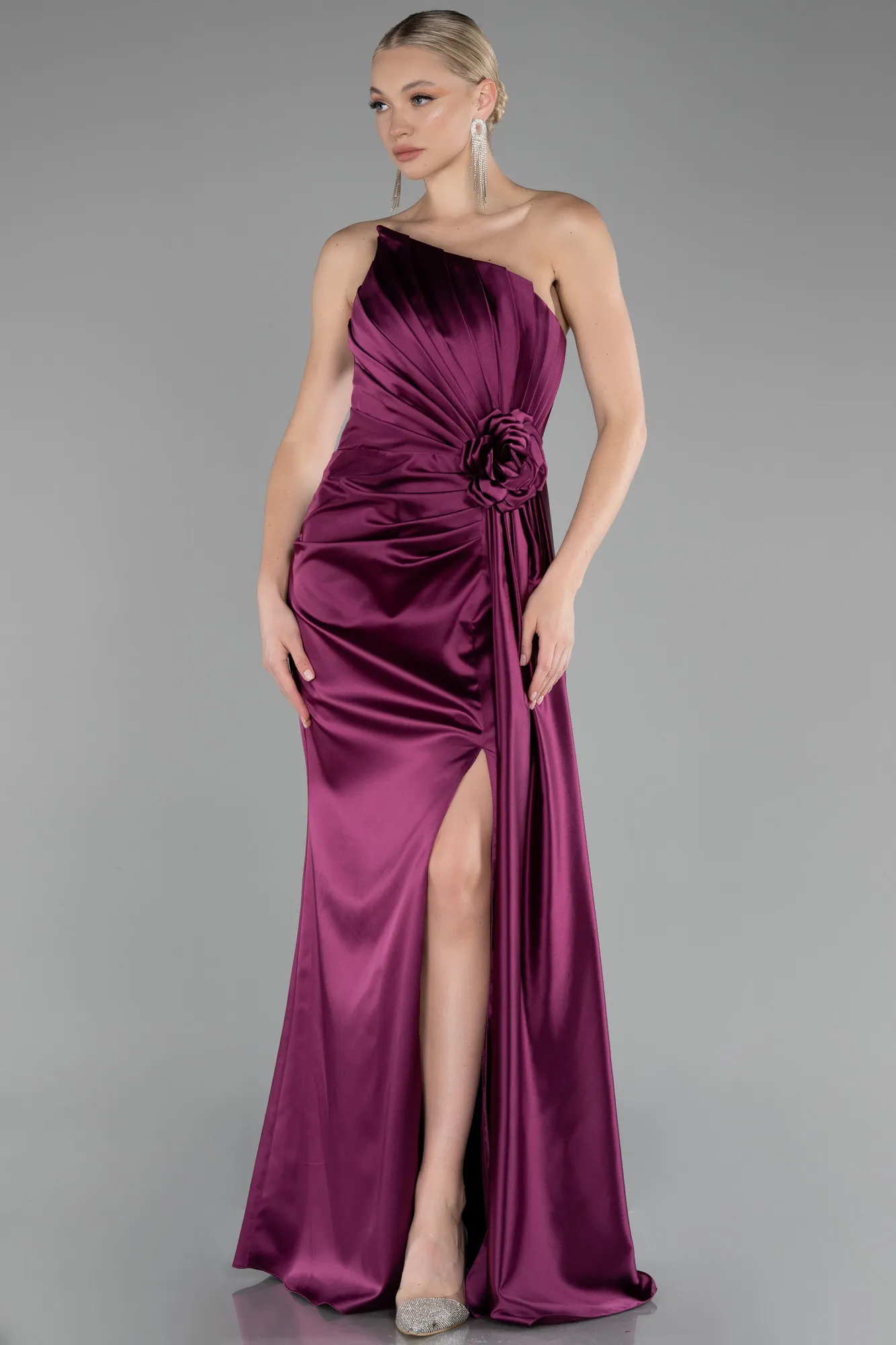 Plum-Strapless Slit Long Satin Evening Dress ABU4174