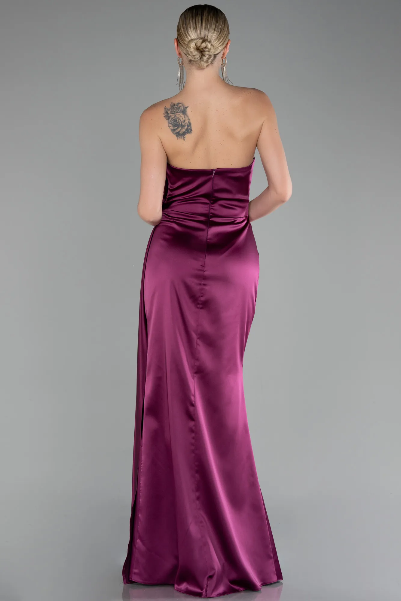 Plum-Strapless Slit Long Satin Evening Dress ABU4174