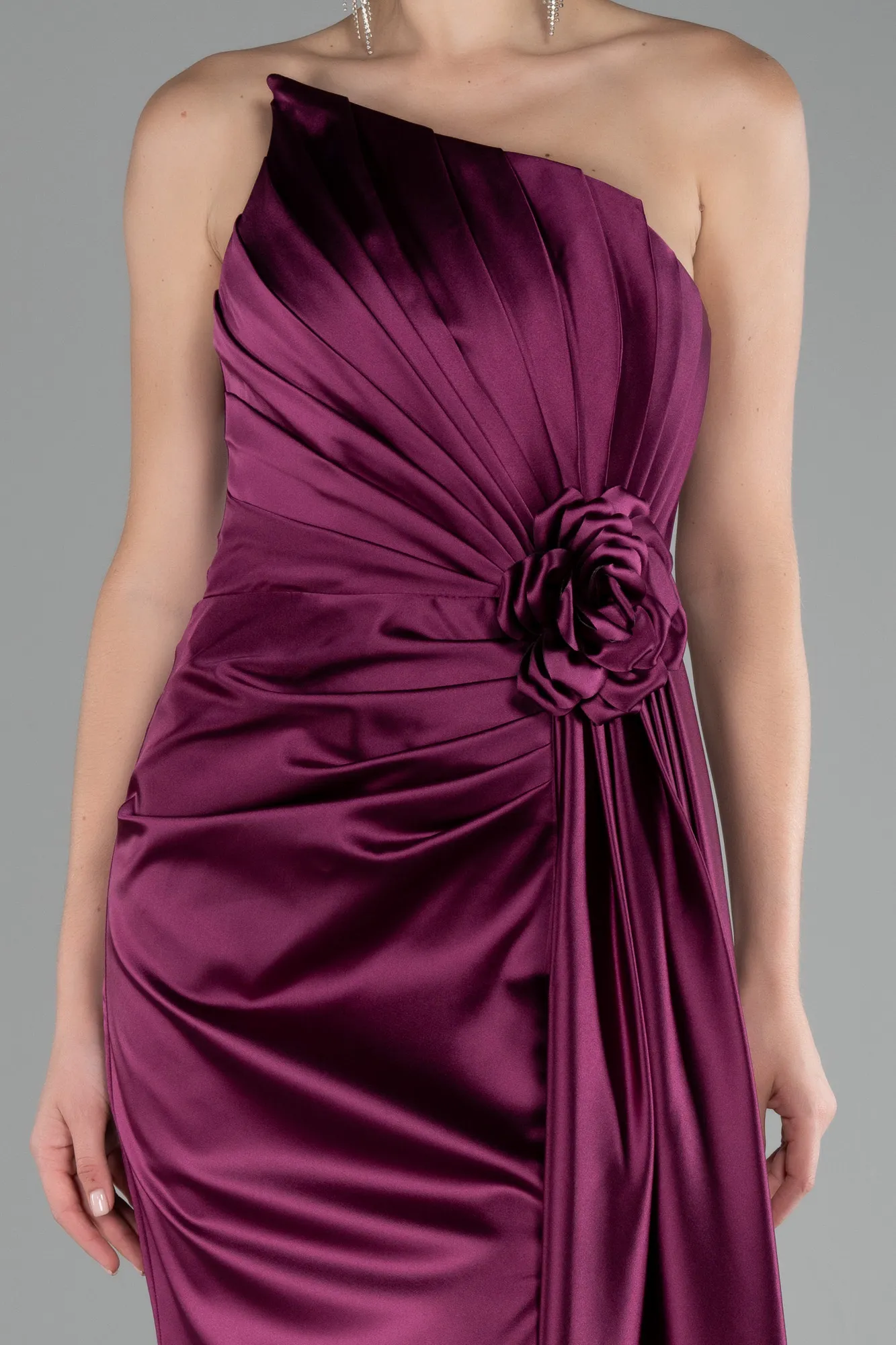 Plum-Strapless Slit Long Satin Evening Dress ABU4174