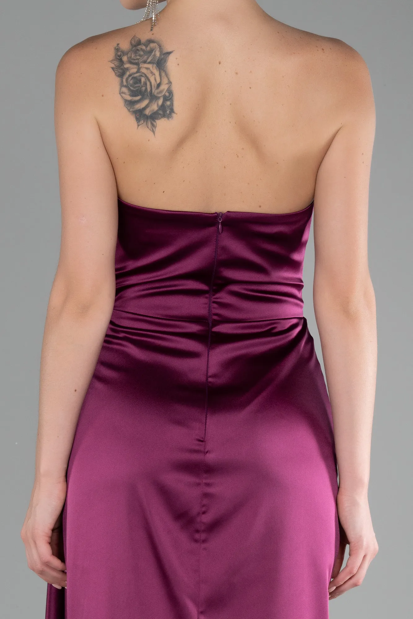 Plum-Strapless Slit Long Satin Evening Dress ABU4174