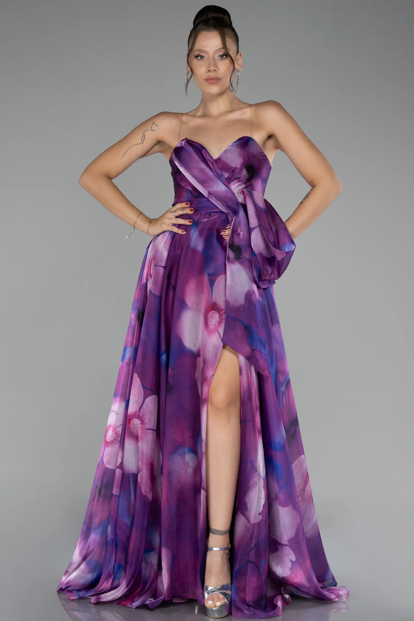 Plum-Strapless Slit Long Satin Printed Prom Gown ABU4157