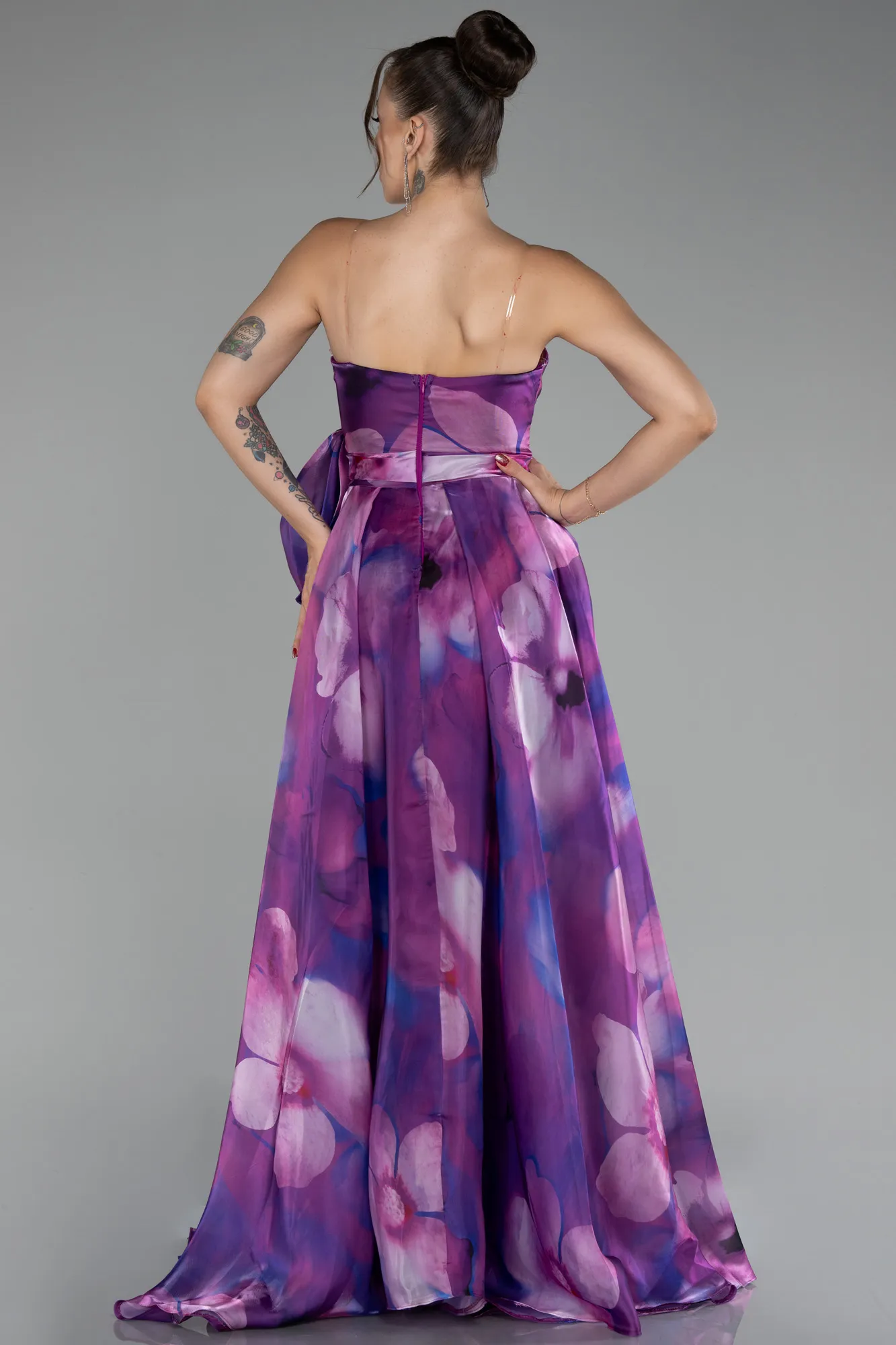 Plum-Strapless Slit Long Satin Printed Prom Gown ABU4157