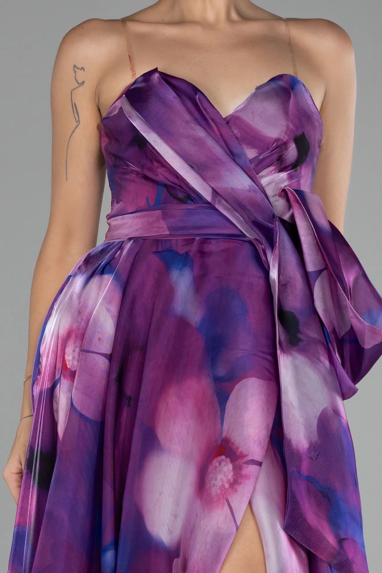 Plum-Strapless Slit Long Satin Printed Prom Gown ABU4157