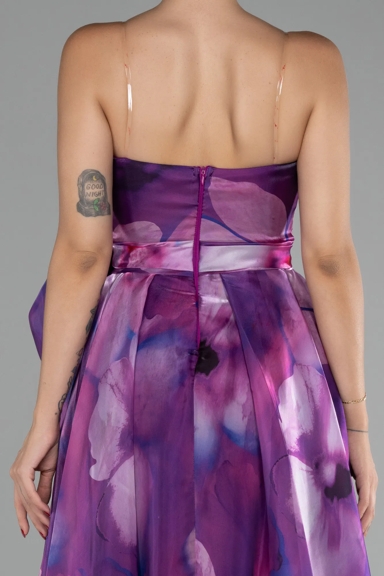 Plum-Strapless Slit Long Satin Printed Prom Gown ABU4157