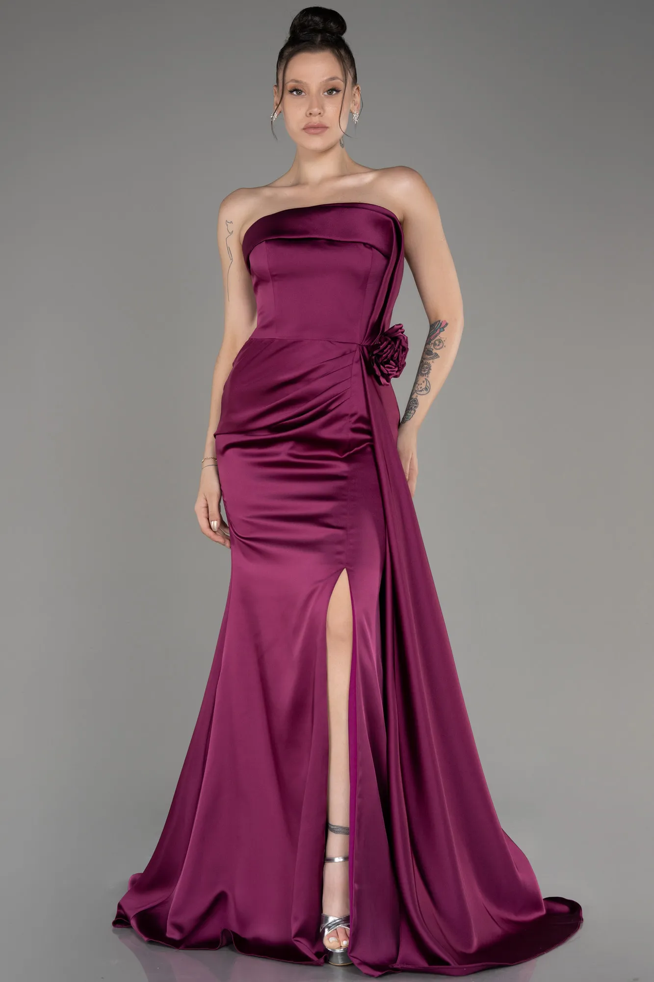 Plum-Strapless Slit Long Satin Prom Dress ABU3980