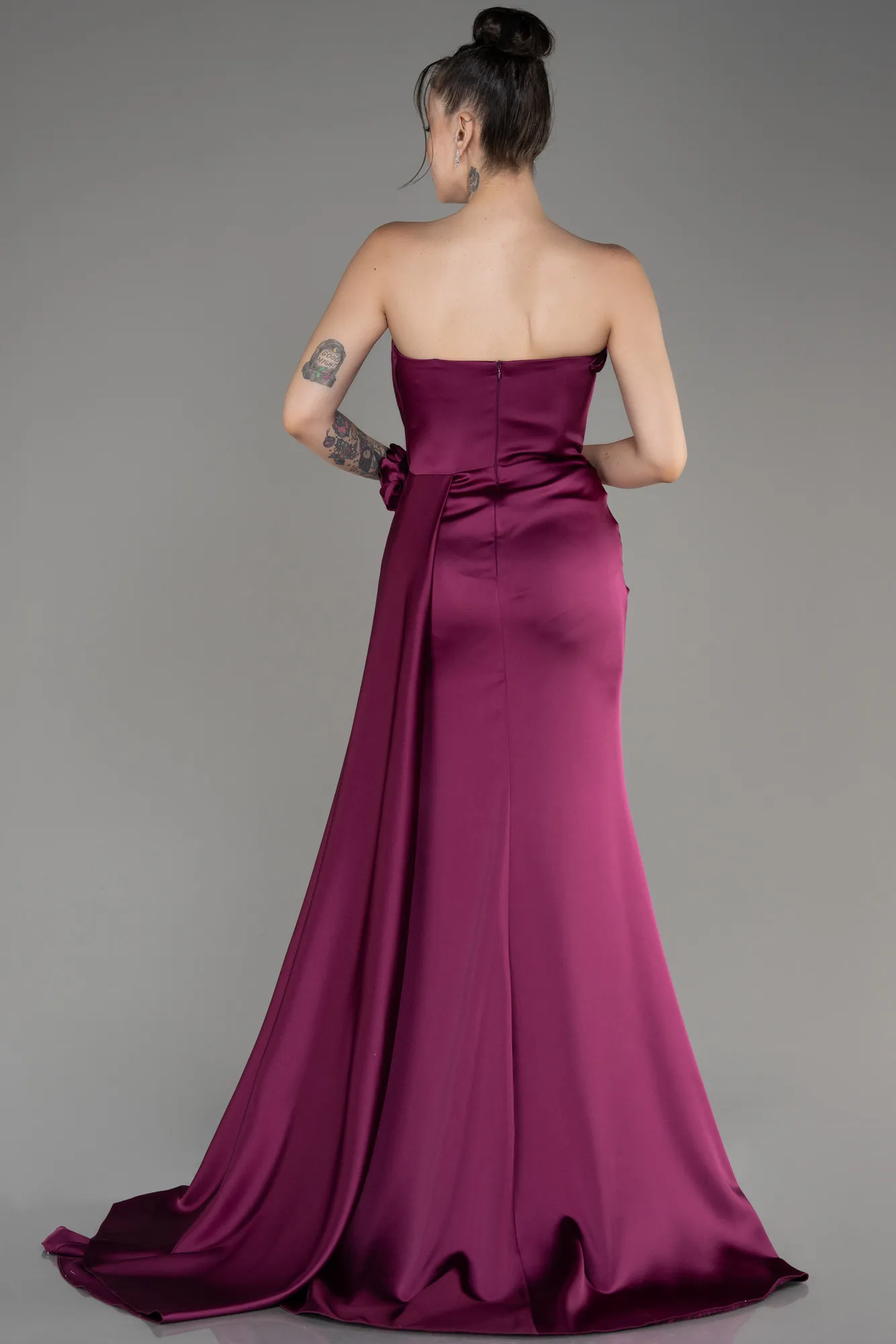 Plum-Strapless Slit Long Satin Prom Dress ABU3980