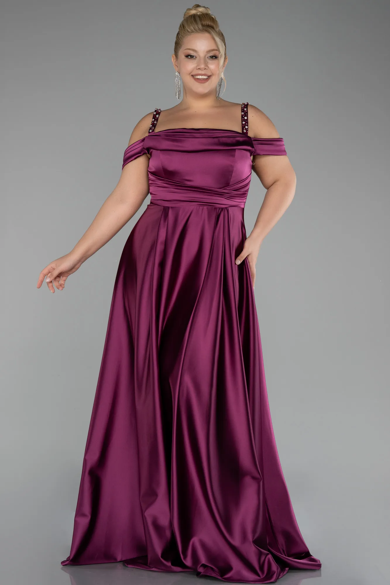 Plum-Strappy Long Satin Plus Size Engagement Dress ABU4207