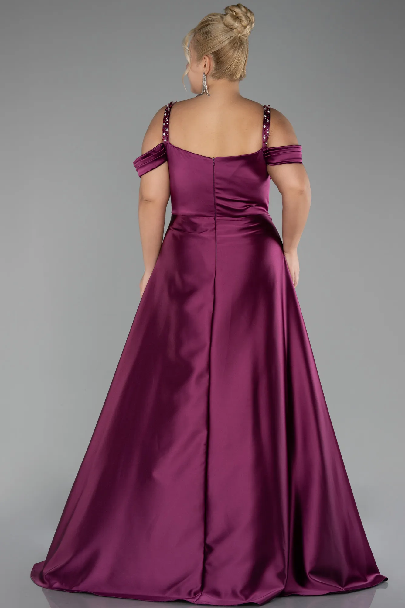 Plum-Strappy Long Satin Plus Size Engagement Dress ABU4207