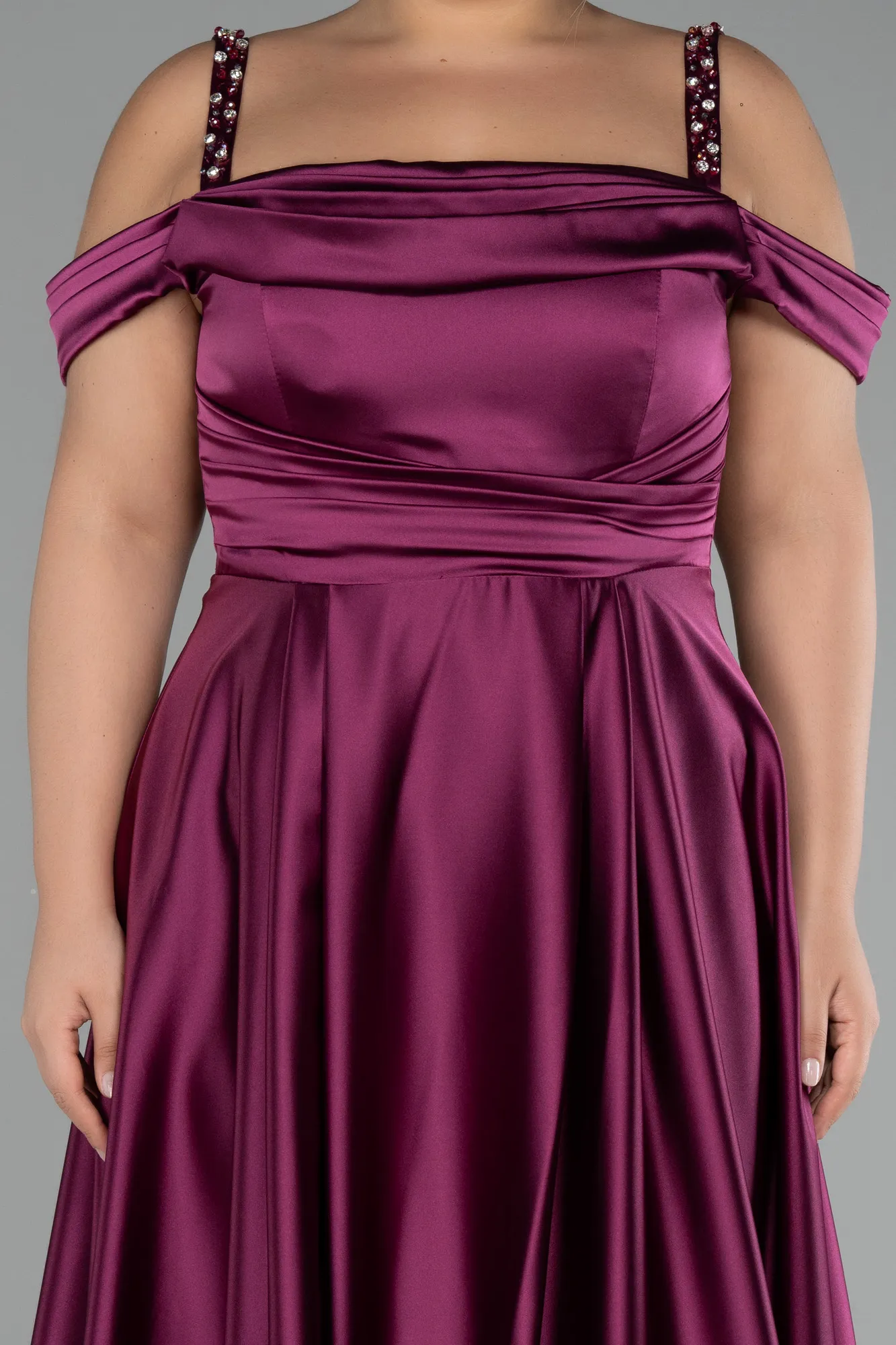 Plum-Strappy Long Satin Plus Size Engagement Dress ABU4207