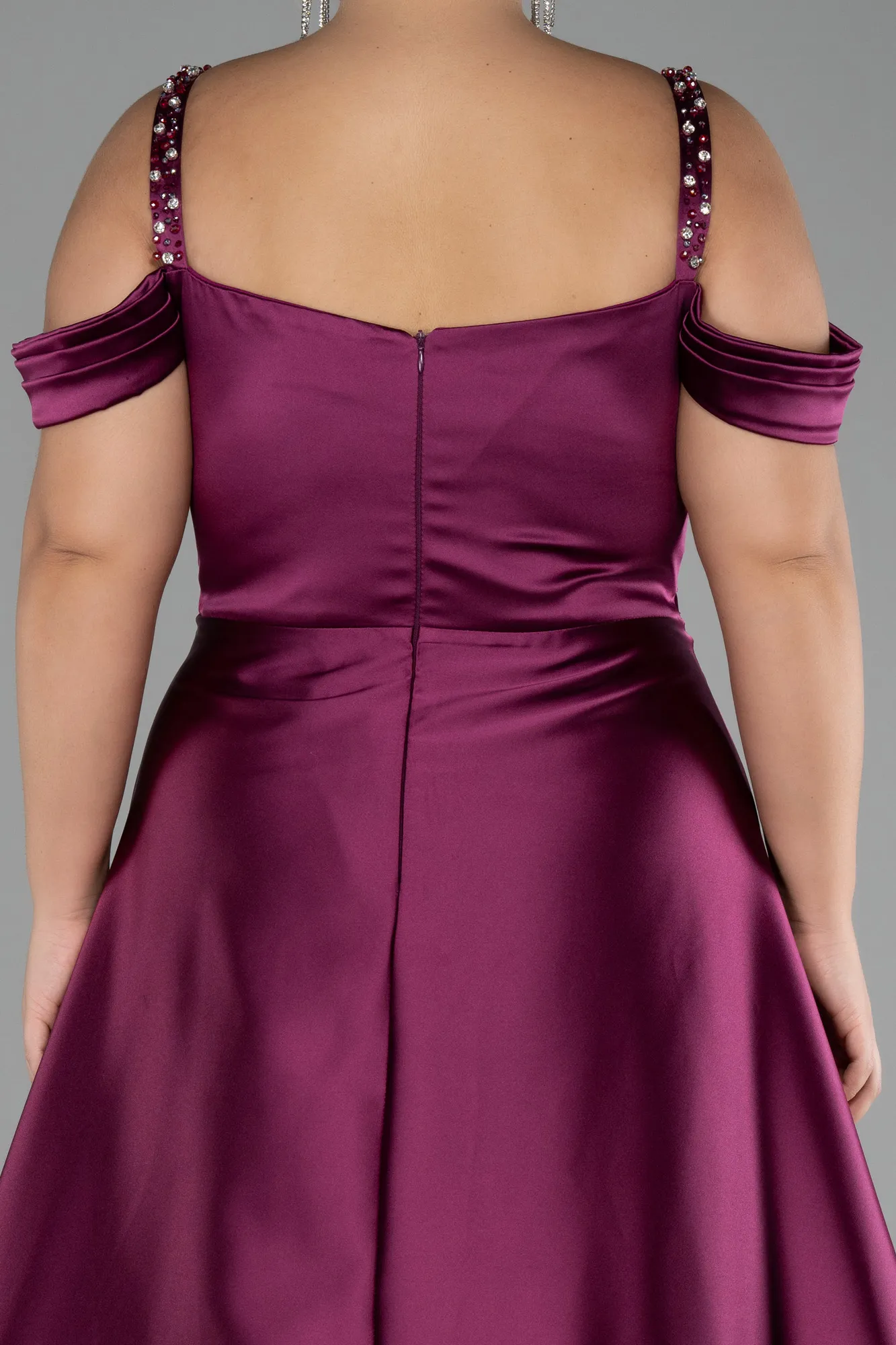 Plum-Strappy Long Satin Plus Size Engagement Dress ABU4207