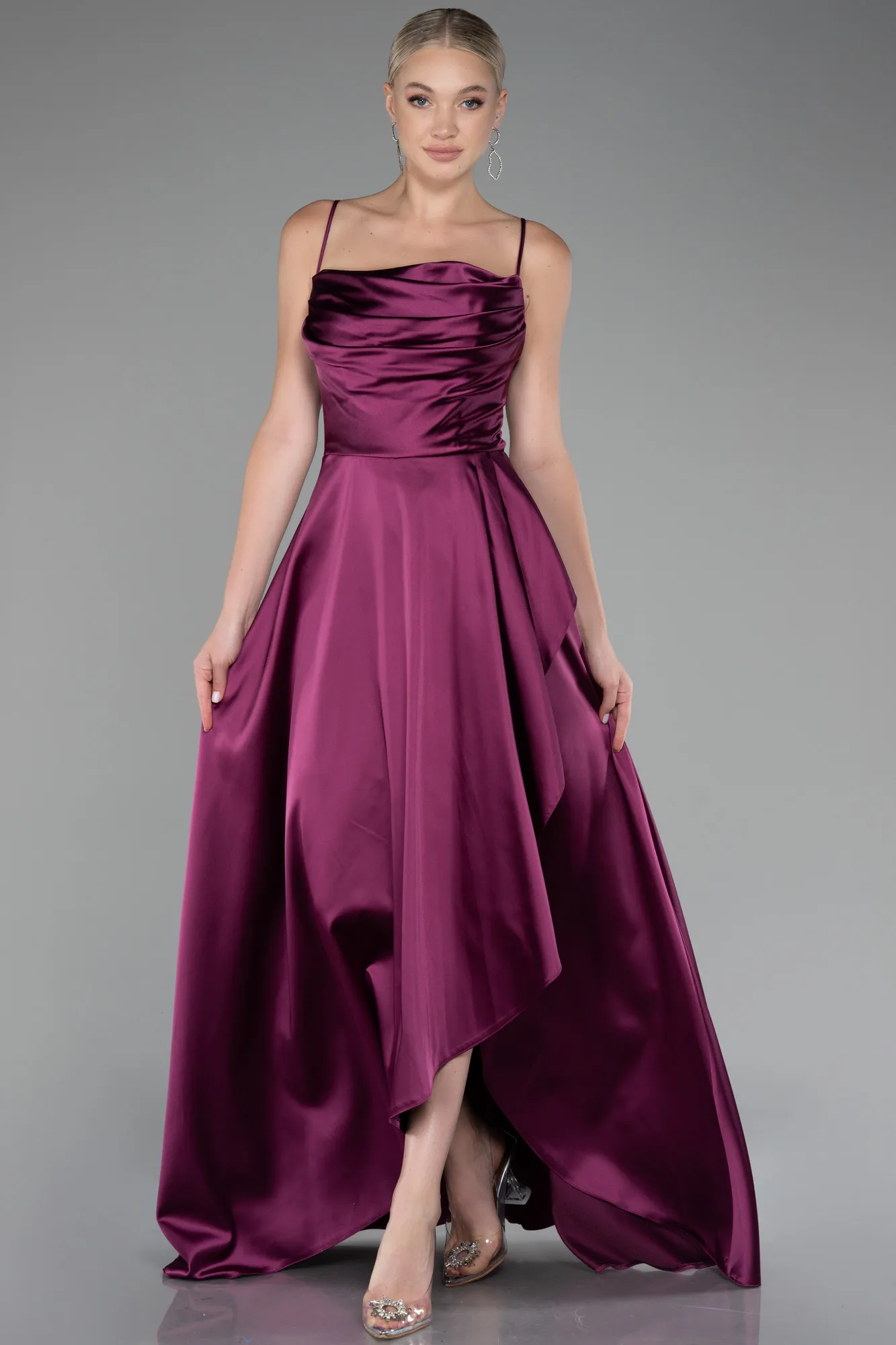 Plum-Strappy Long Satin Prom Gown ABU4073