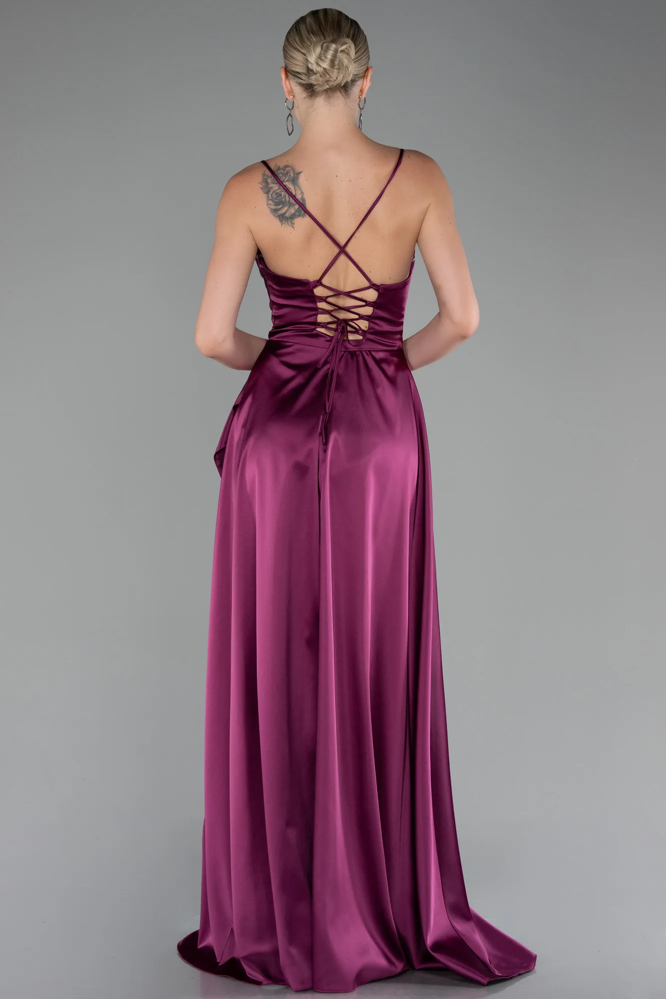 Plum-Strappy Long Satin Prom Gown ABU4073