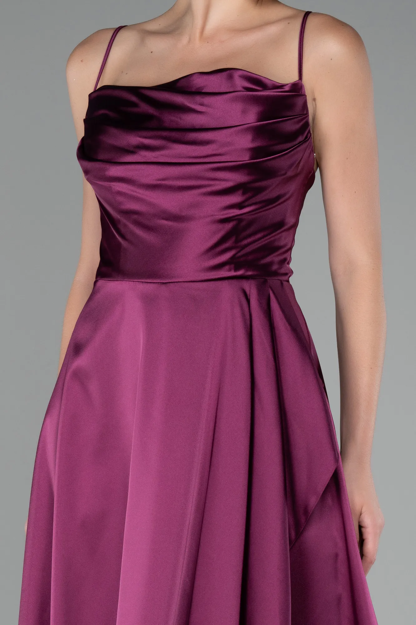 Plum-Strappy Long Satin Prom Gown ABU4073