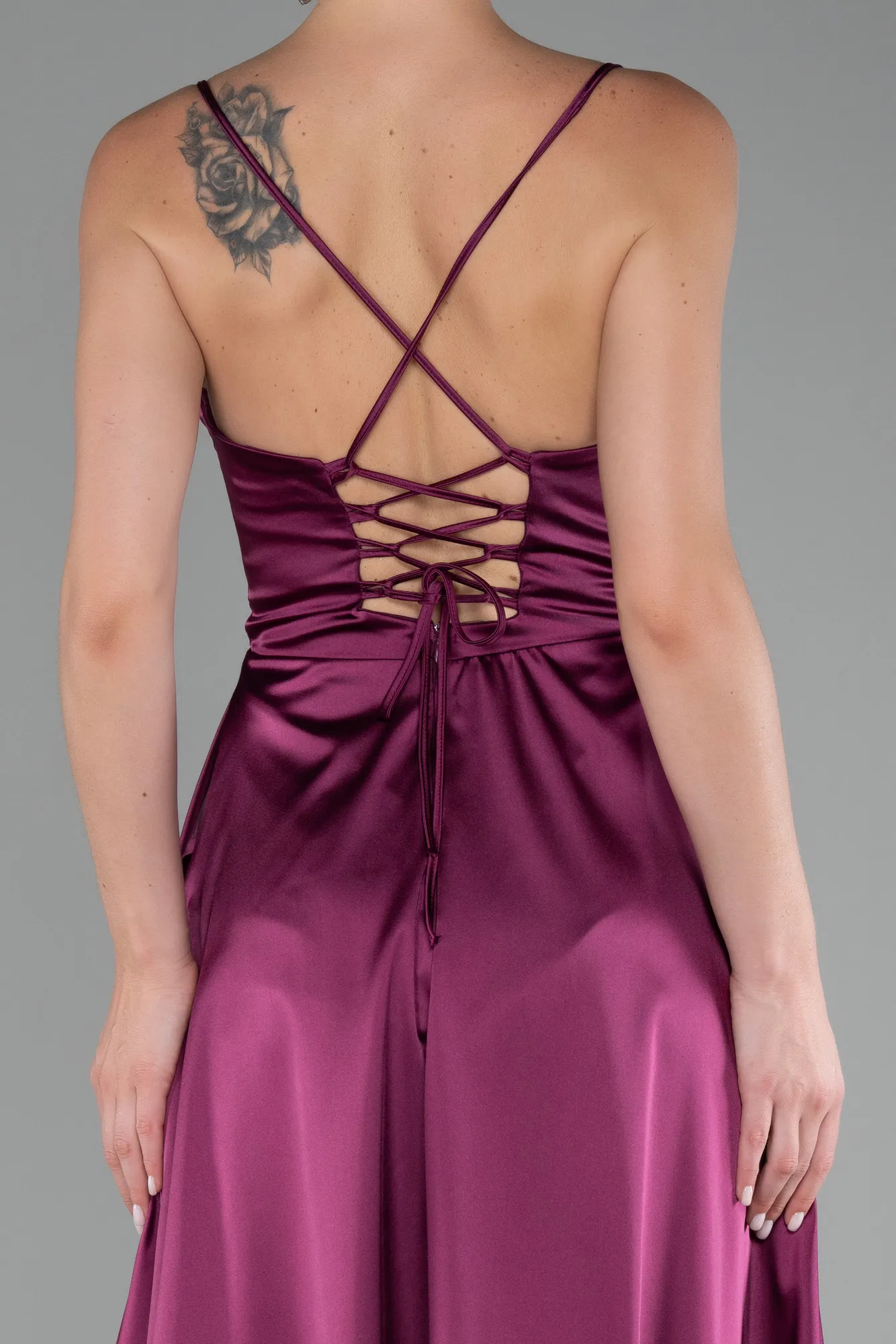 Plum-Strappy Long Satin Prom Gown ABU4073