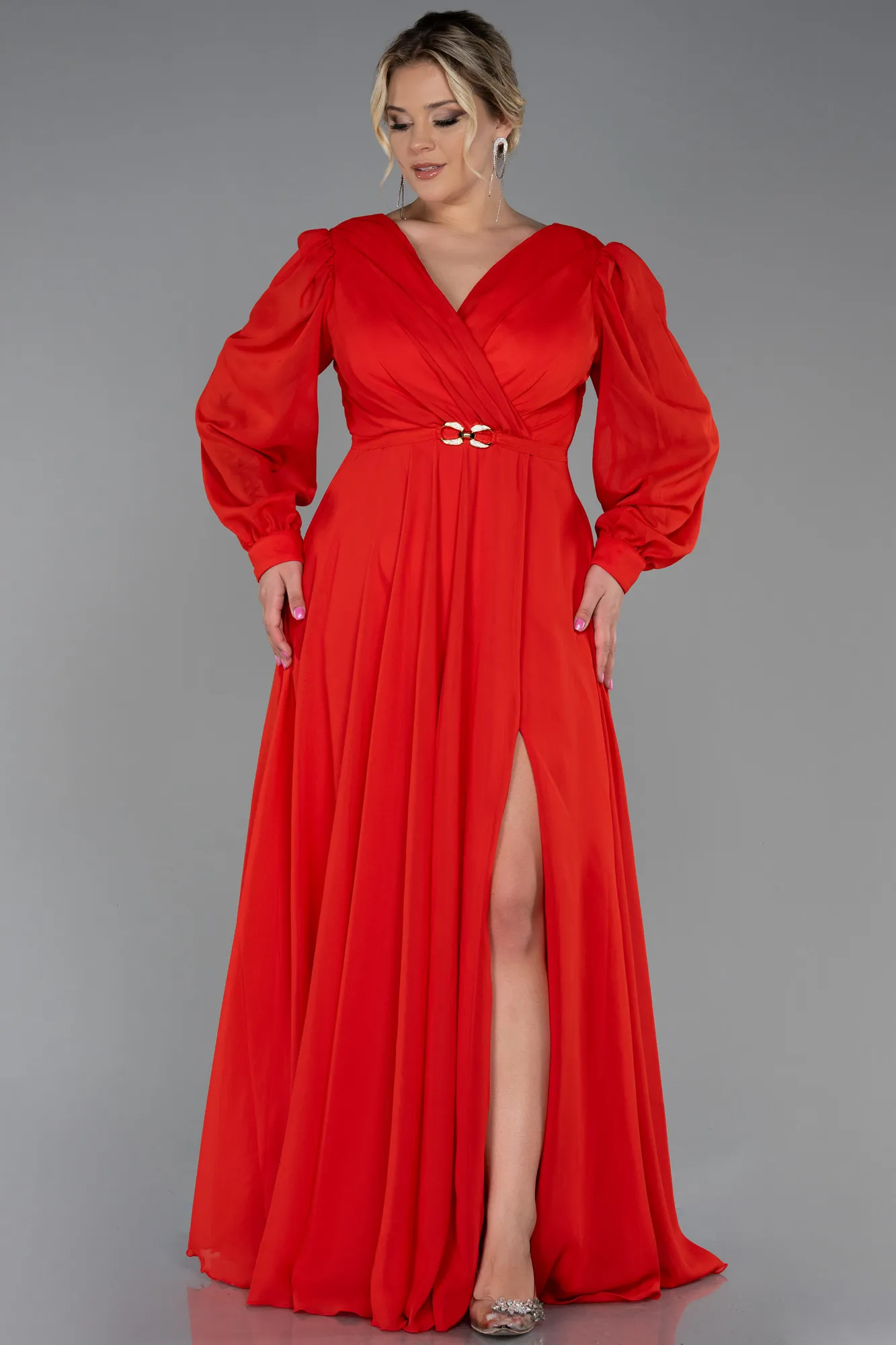 Pomegranate Flower-Long Chiffon Plus Size Evening Dress ABU3254
