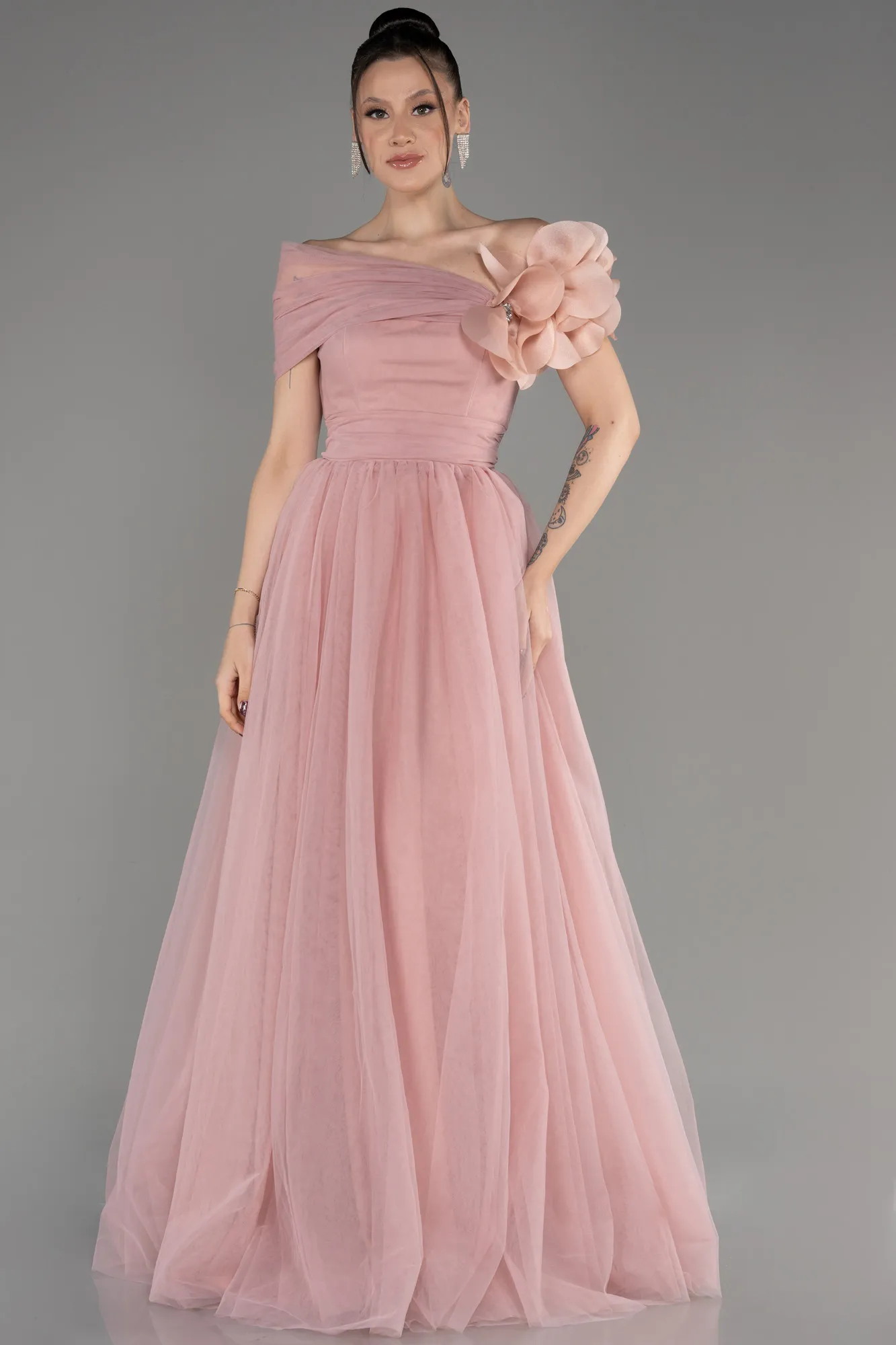 Powder Color-Boat Neck Long Princess Evening Dress ABU3958