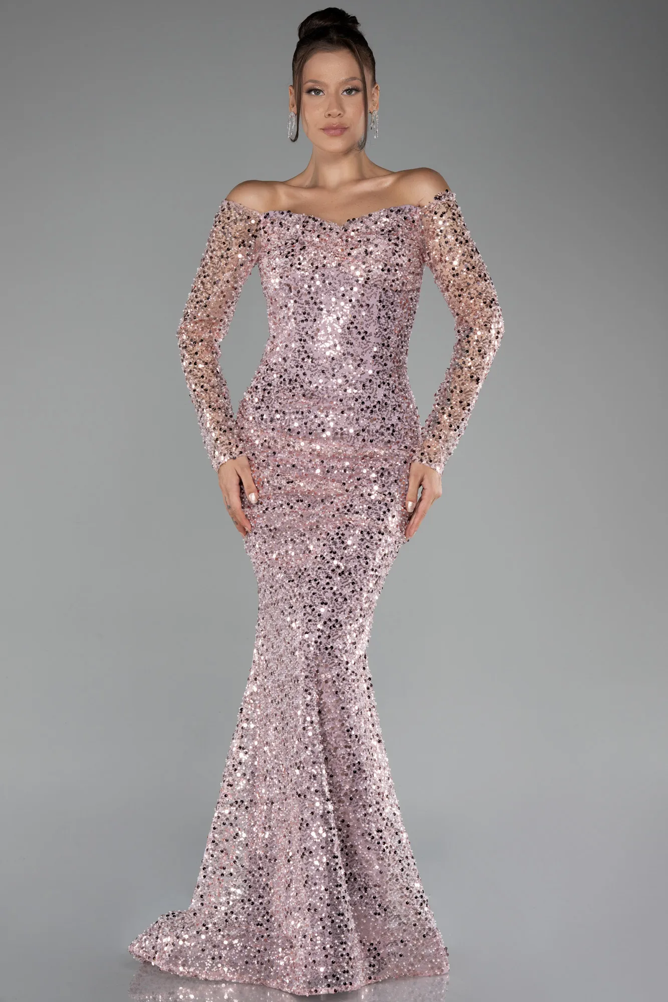 Powder Color-Boat Neck Long Sleeve Sequined Evening Dress ABU3879