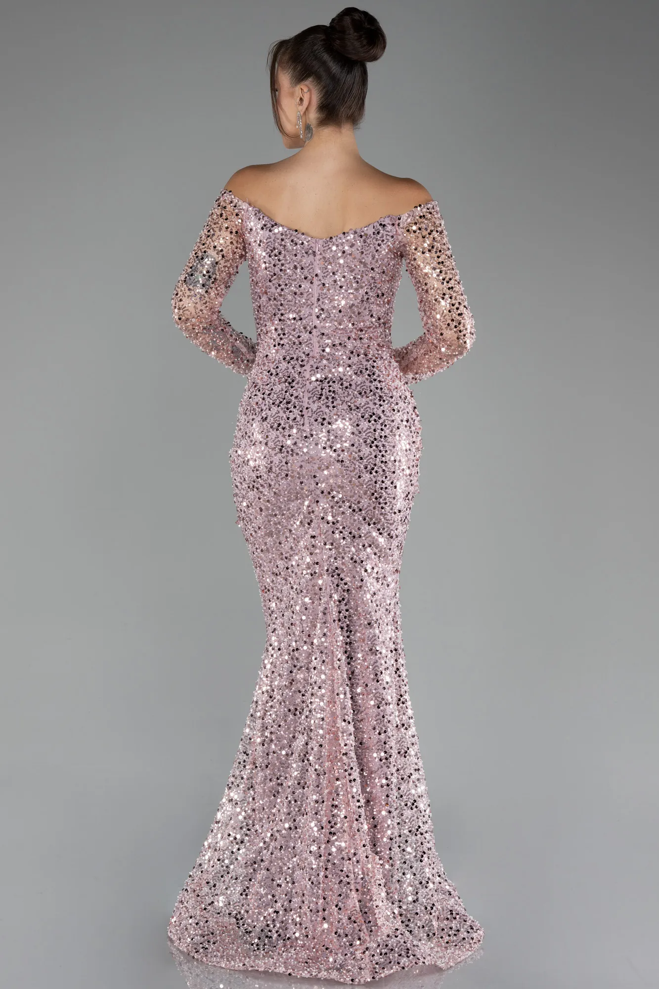 Powder Color-Boat Neck Long Sleeve Sequined Evening Dress ABU3879