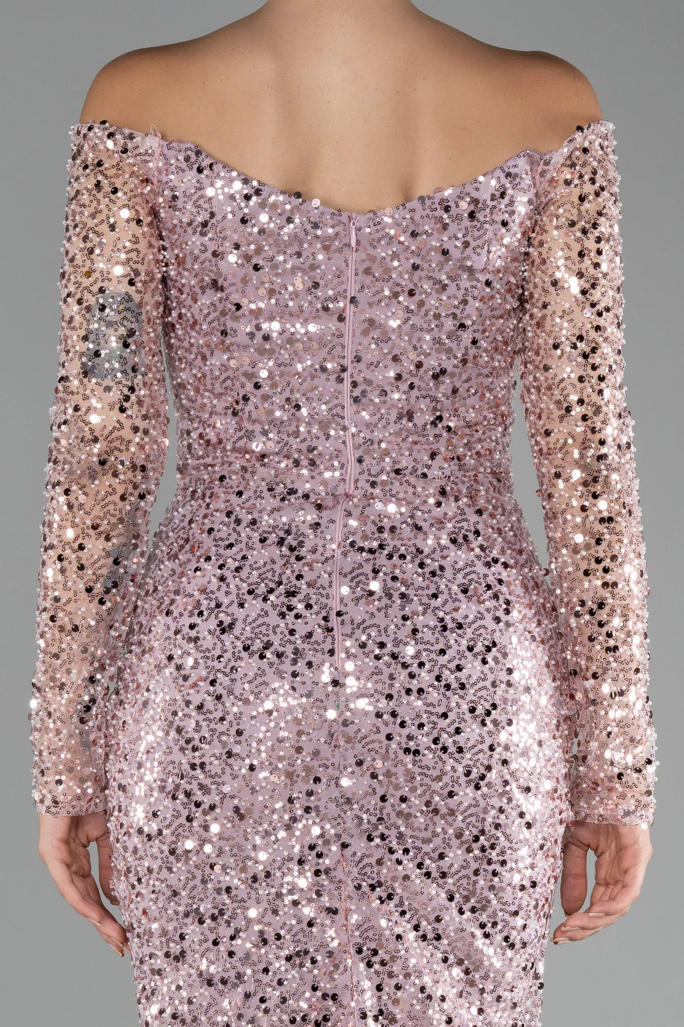 Powder Color-Boat Neck Long Sleeve Sequined Evening Dress ABU3879