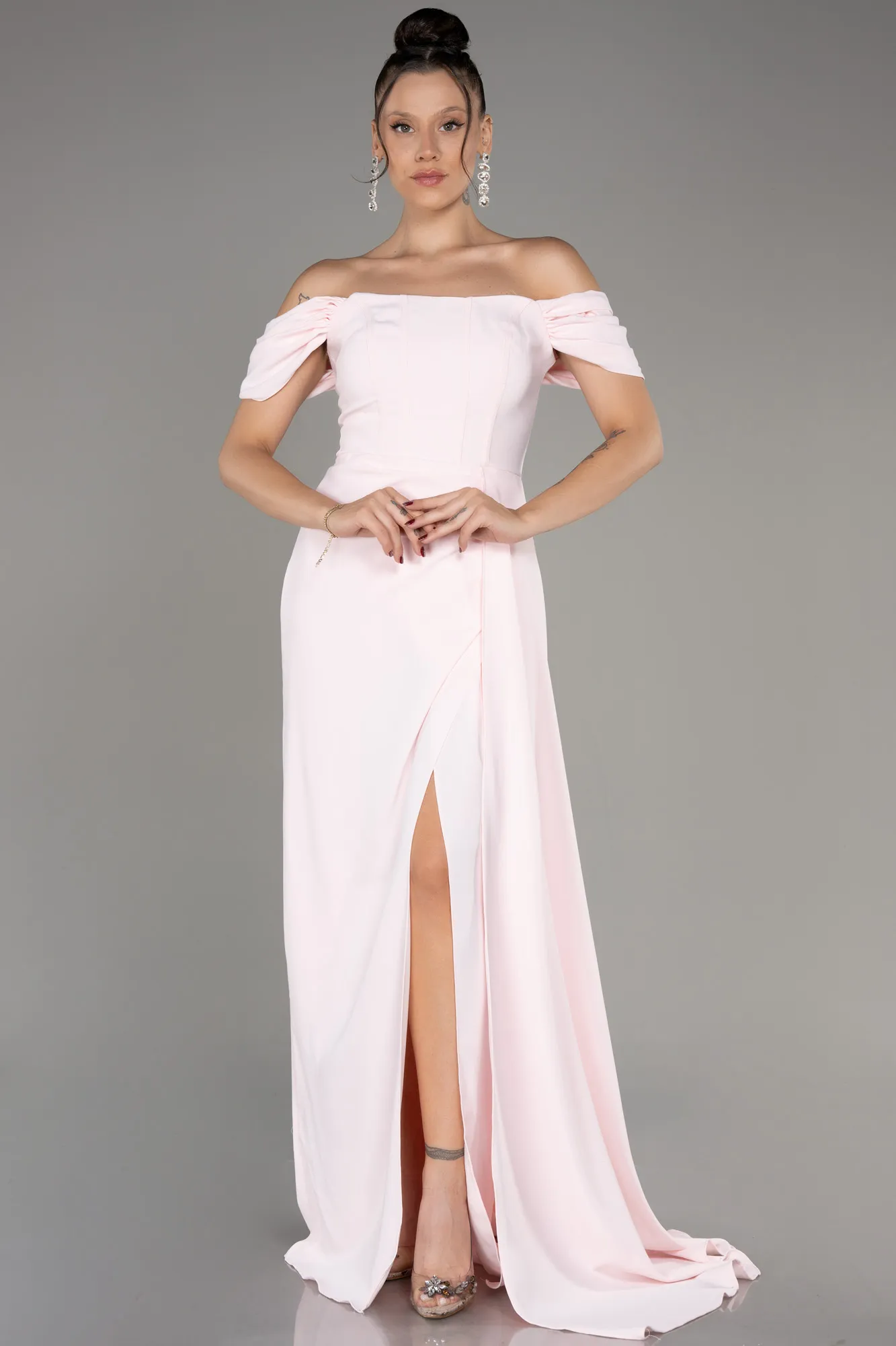 Powder Color-Boat Neck Slit Long Evening Dress ABU4048